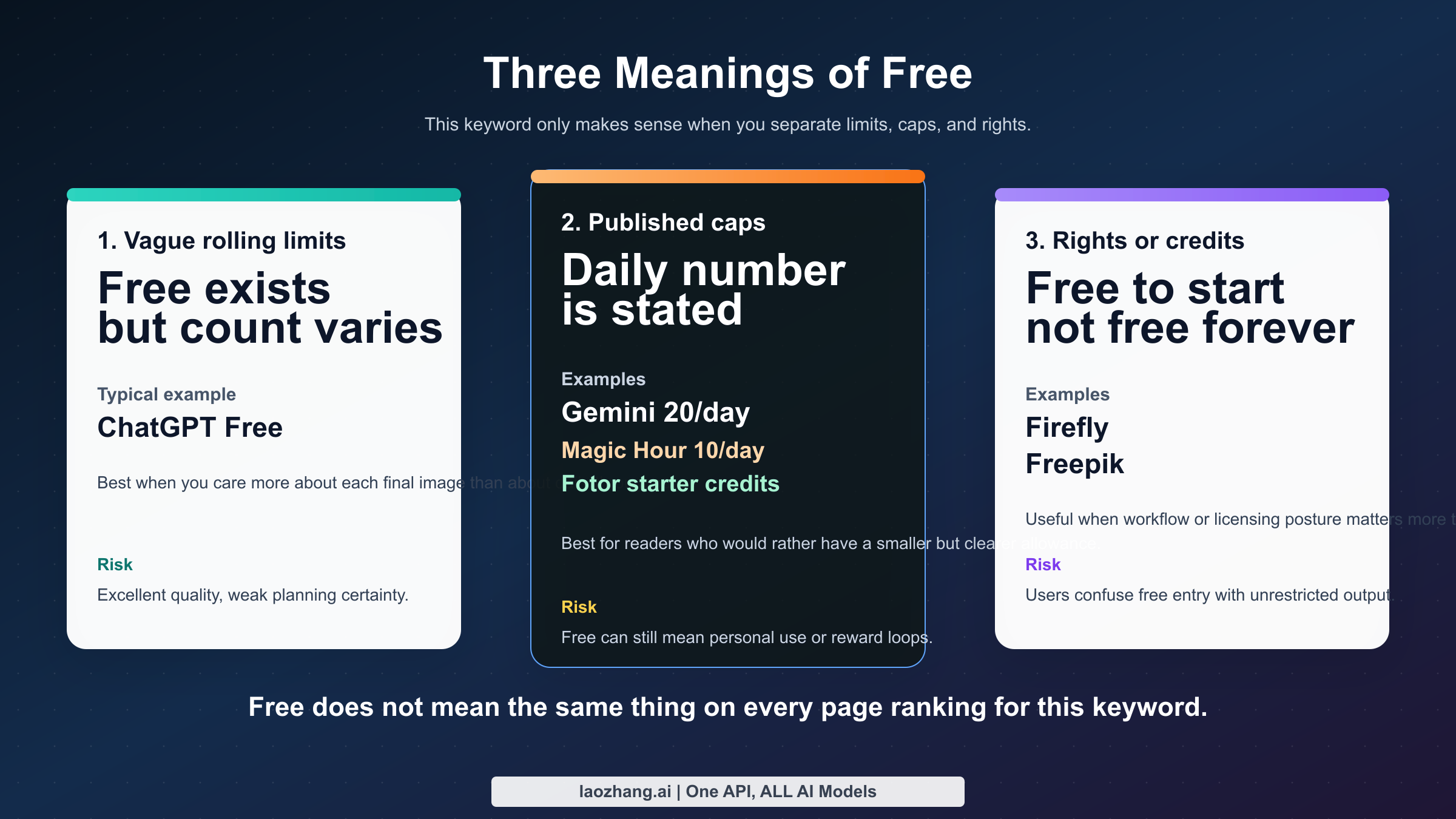 Three types of free AI image generator offers: vague rolling limits, published daily caps, and credit or rights constrained plans