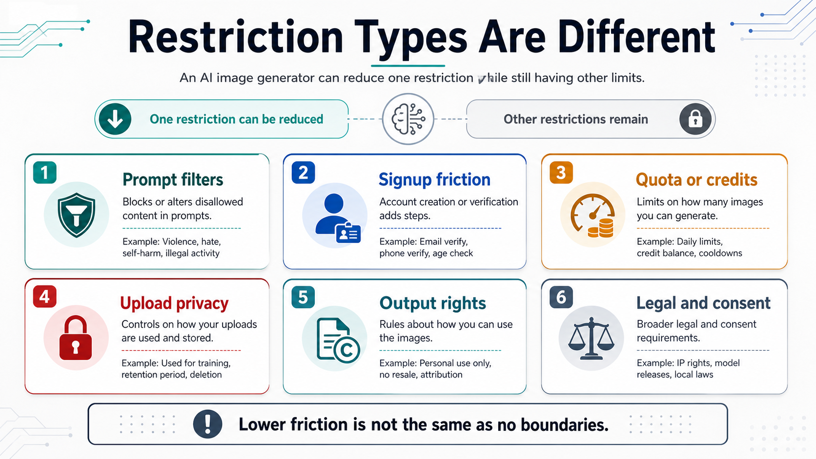 Taxonomy of AI image generator restrictions including filters, signup friction, quota, privacy, rights, and consent