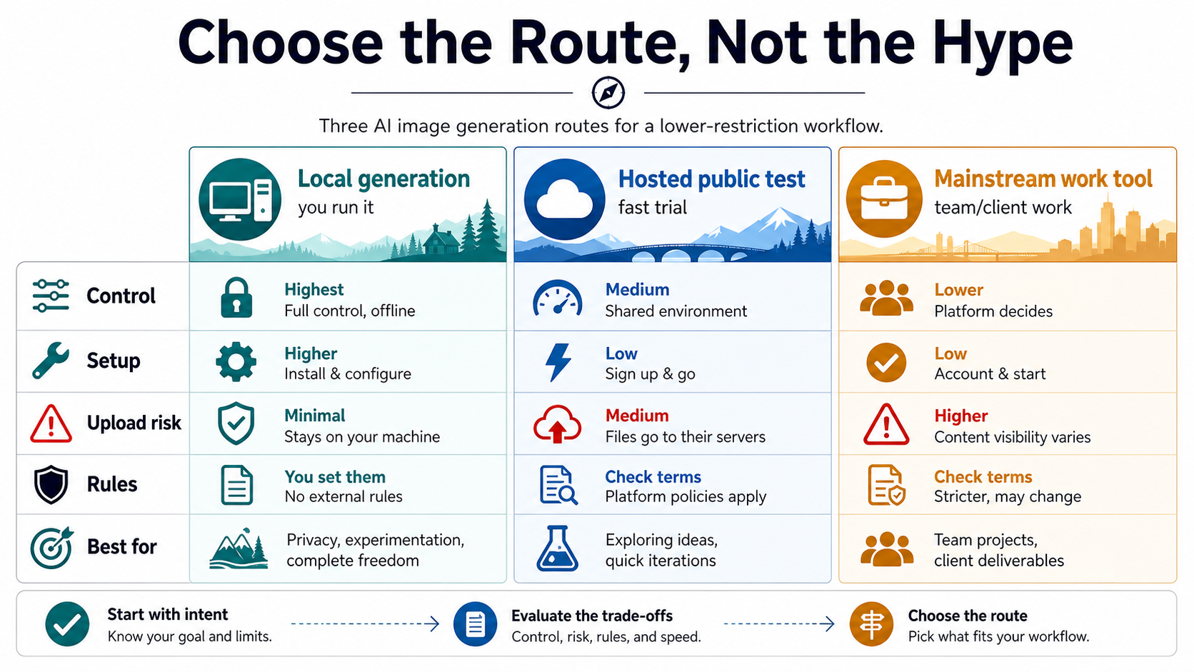 Comparison matrix for local generation, hosted public tests, and mainstream work tools