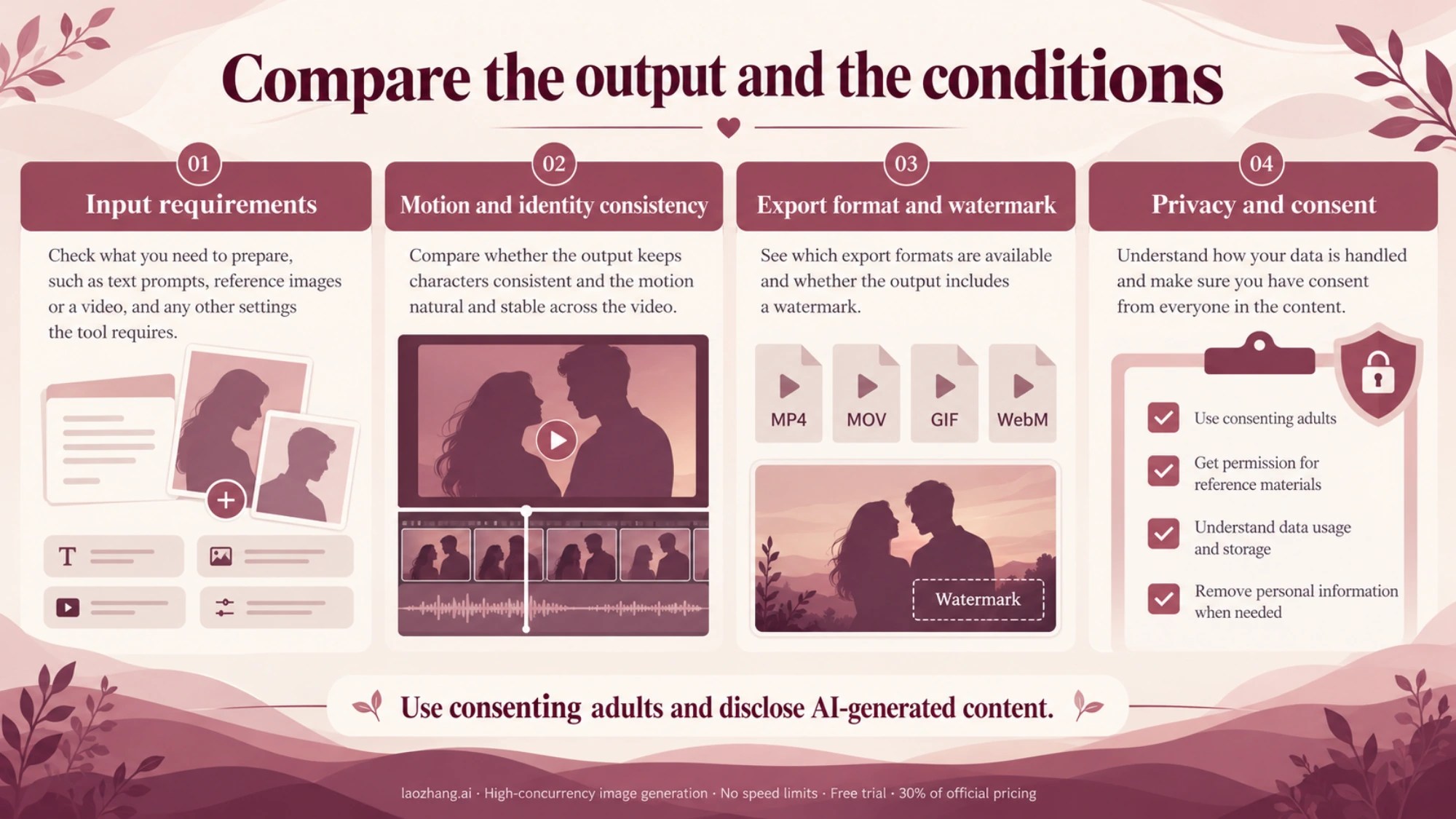 Compare input needs, motion, export conditions, privacy and consent for AI romantic-video tools