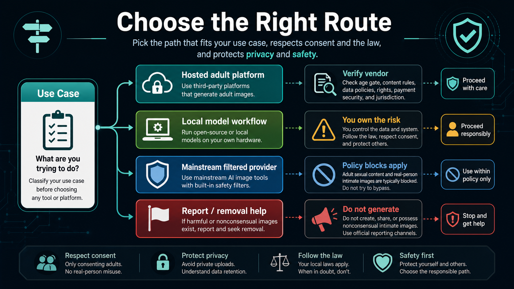 Provider route decision tree comparing disposable tests, privacy-first local work, paid proof, mainstream APIs, and stop conditions.