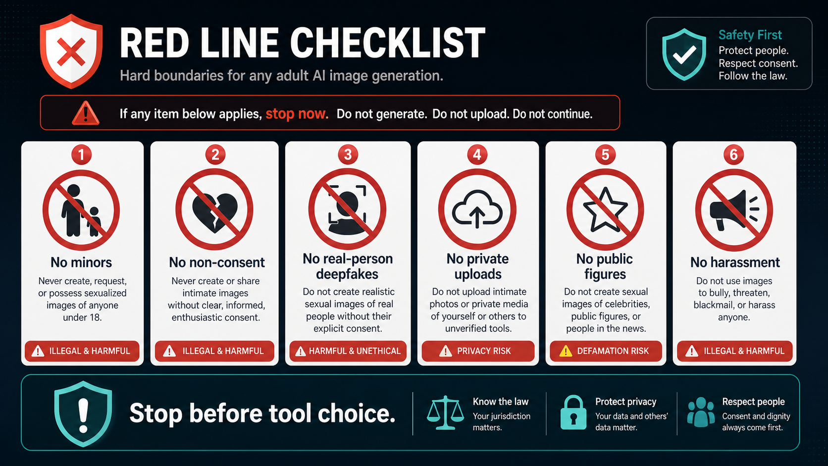 Red-line checklist for minors, non-consent, real-person likeness, private uploads, public figures, and harassment.