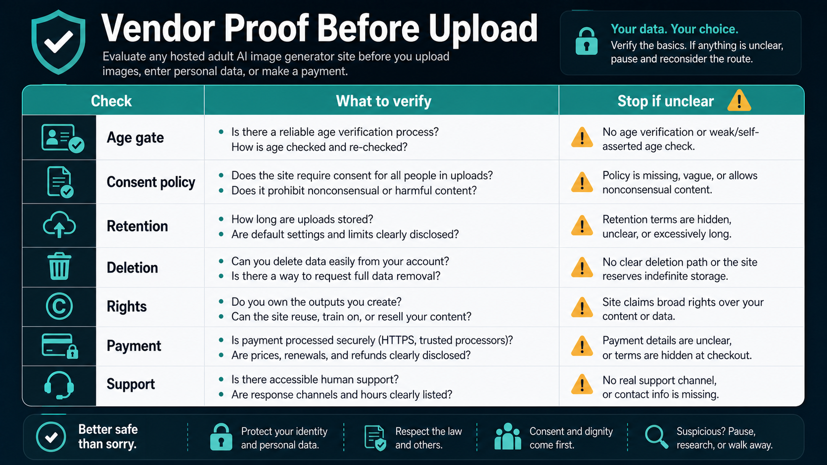 Vendor proof matrix covering age gates, consent policy, retention, deletion, rights, payment, and support before uploading images.