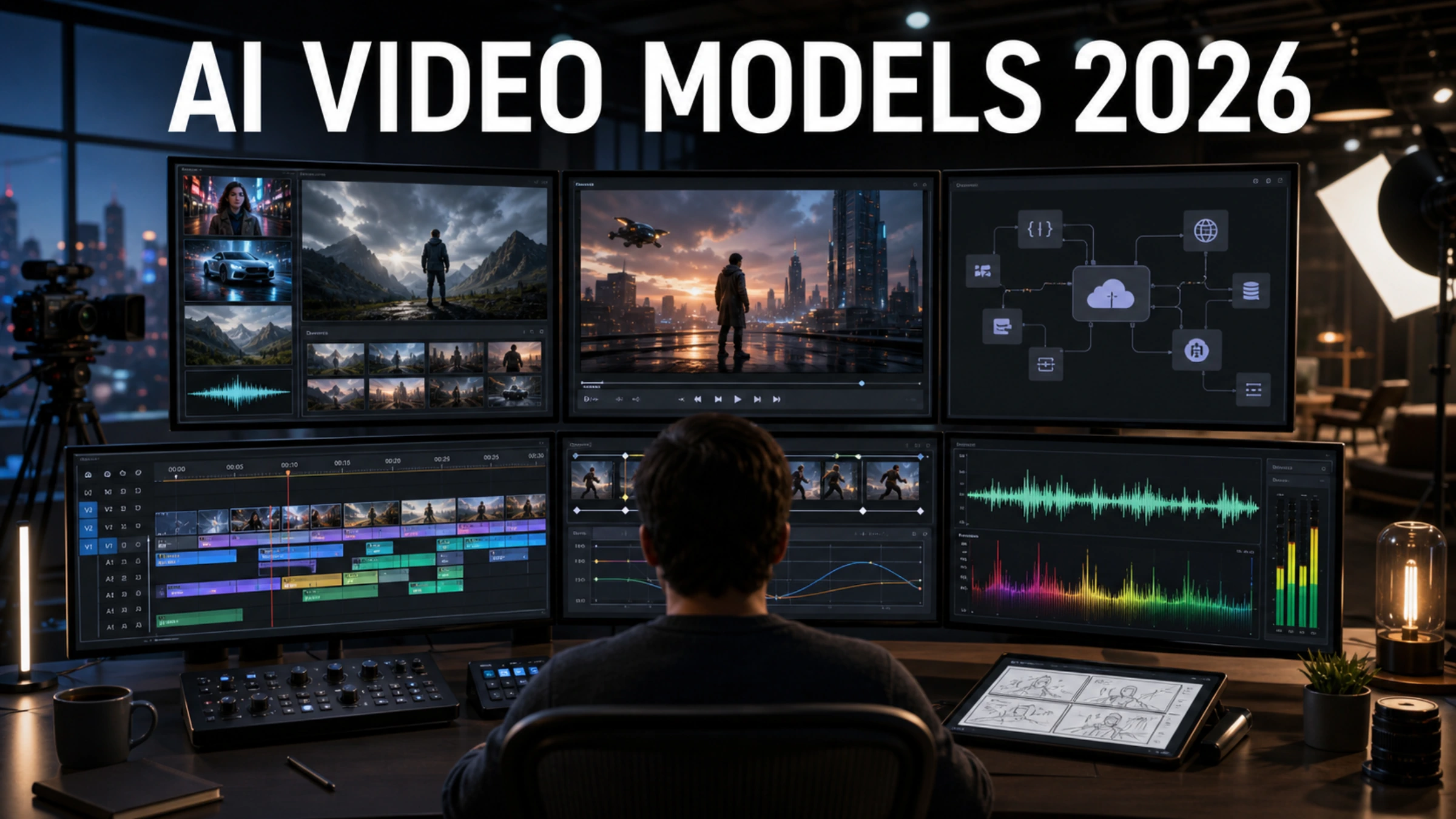 A video editor comparing AI-generated scenes in a cinematic production studio, labeled AI Video Models 2026