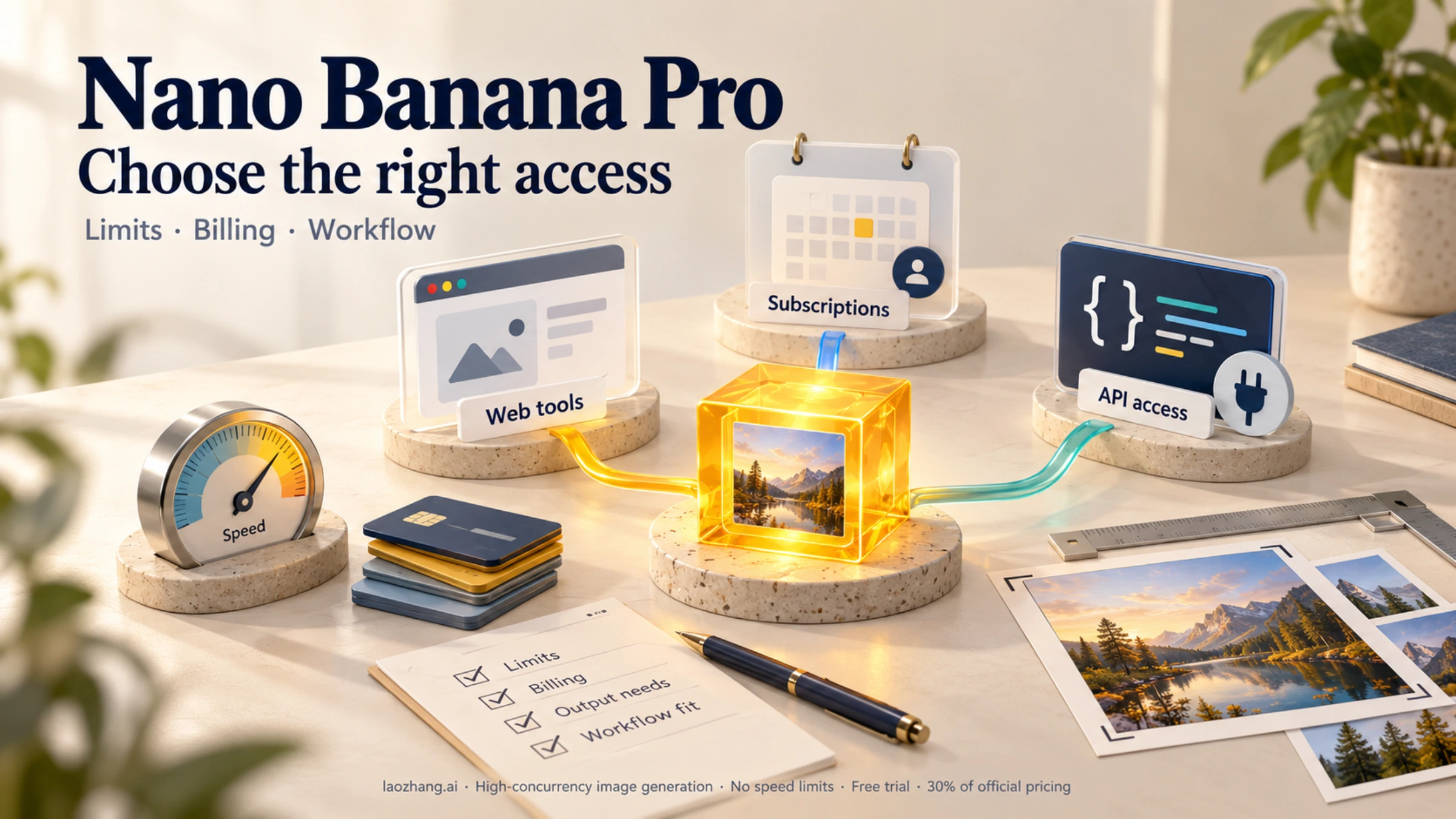Nano Banana Pro access options illustrated with web tools, subscriptions, API access, and checks for limits, billing, and workflow.