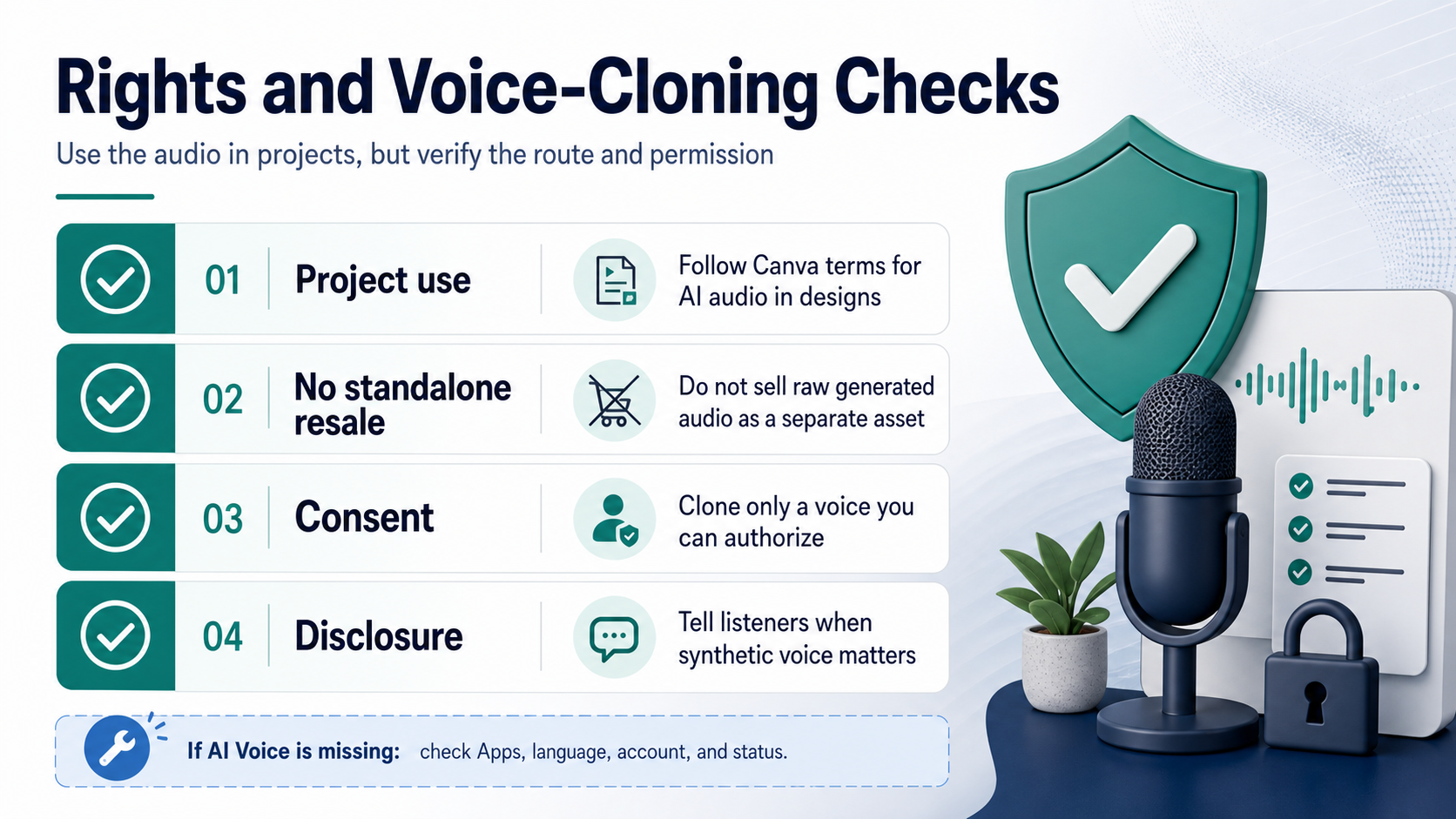 Checklist for Canva AI voice commercial use, standalone resale limits, voice-cloning consent, disclosure, and missing AI Voice recovery.