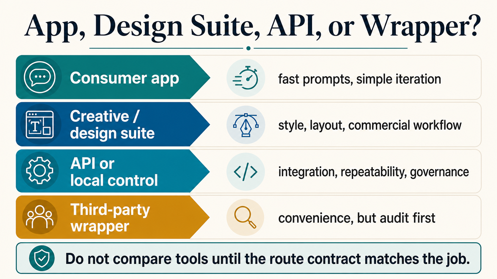 Route owner split showing consumer app, design suite, API or local control, and third-party wrapper contracts
