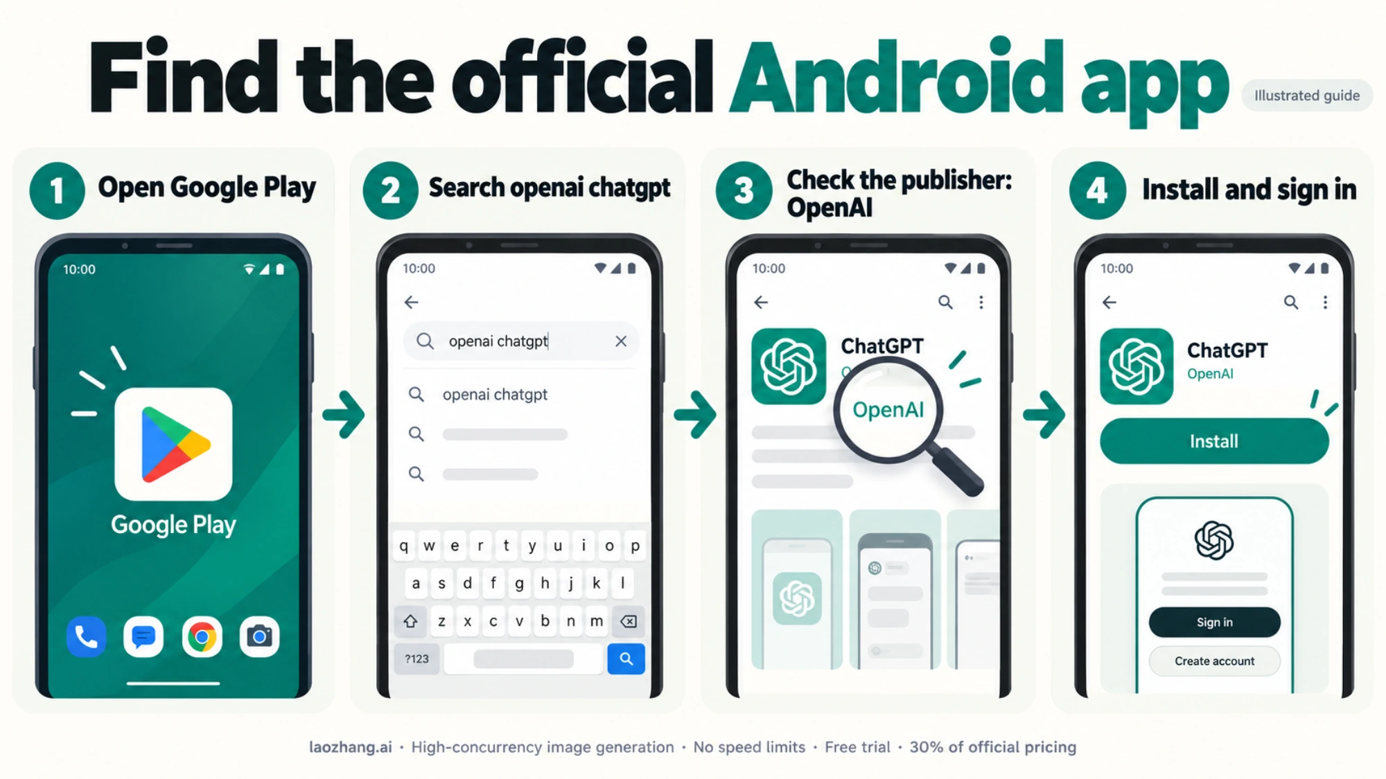 Illustrated steps for finding the ChatGPT app published by OpenAI
