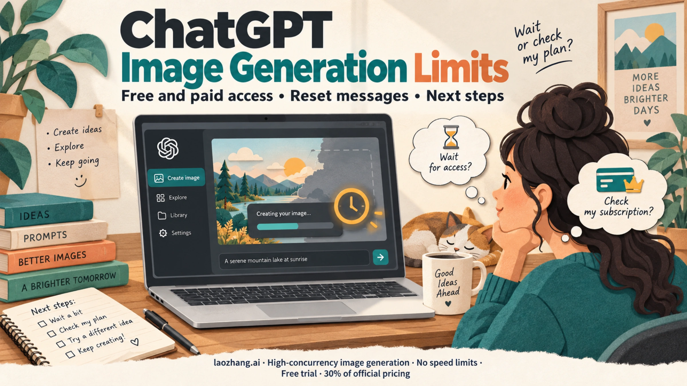 Illustration of a ChatGPT image workspace with waiting and subscription-check symbols