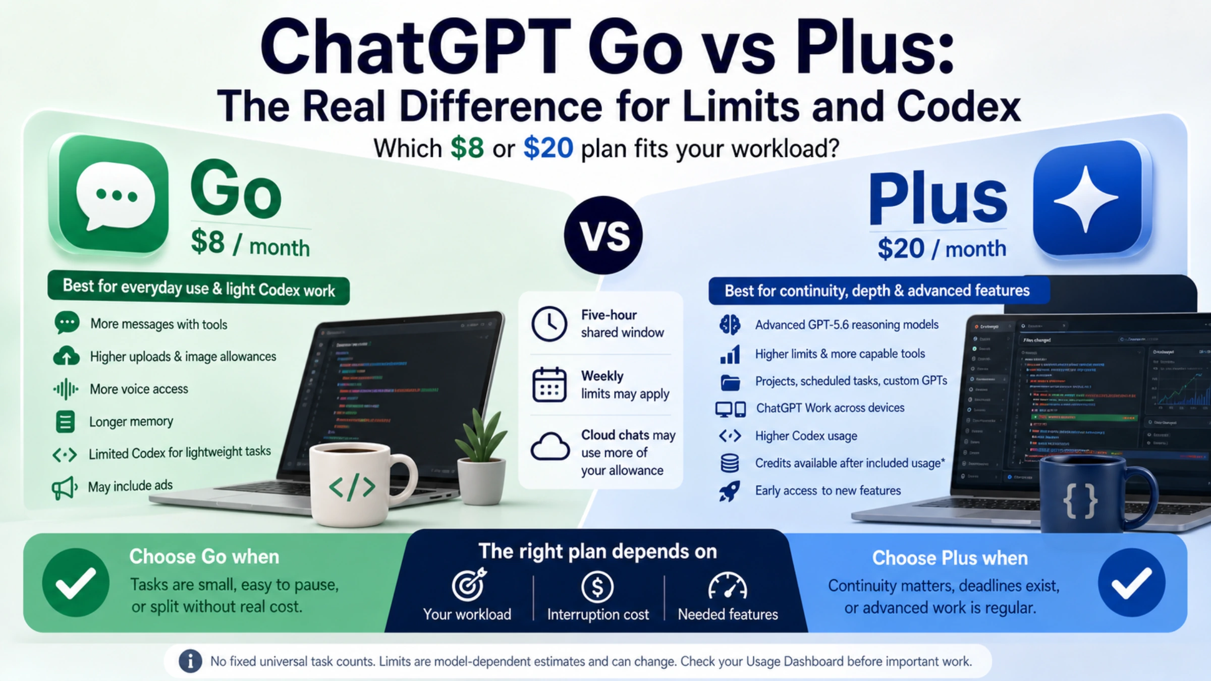 ChatGPT Go and Plus comparison board showing $8 and $20 prices, key features, limit caveats, and a workload choice rule