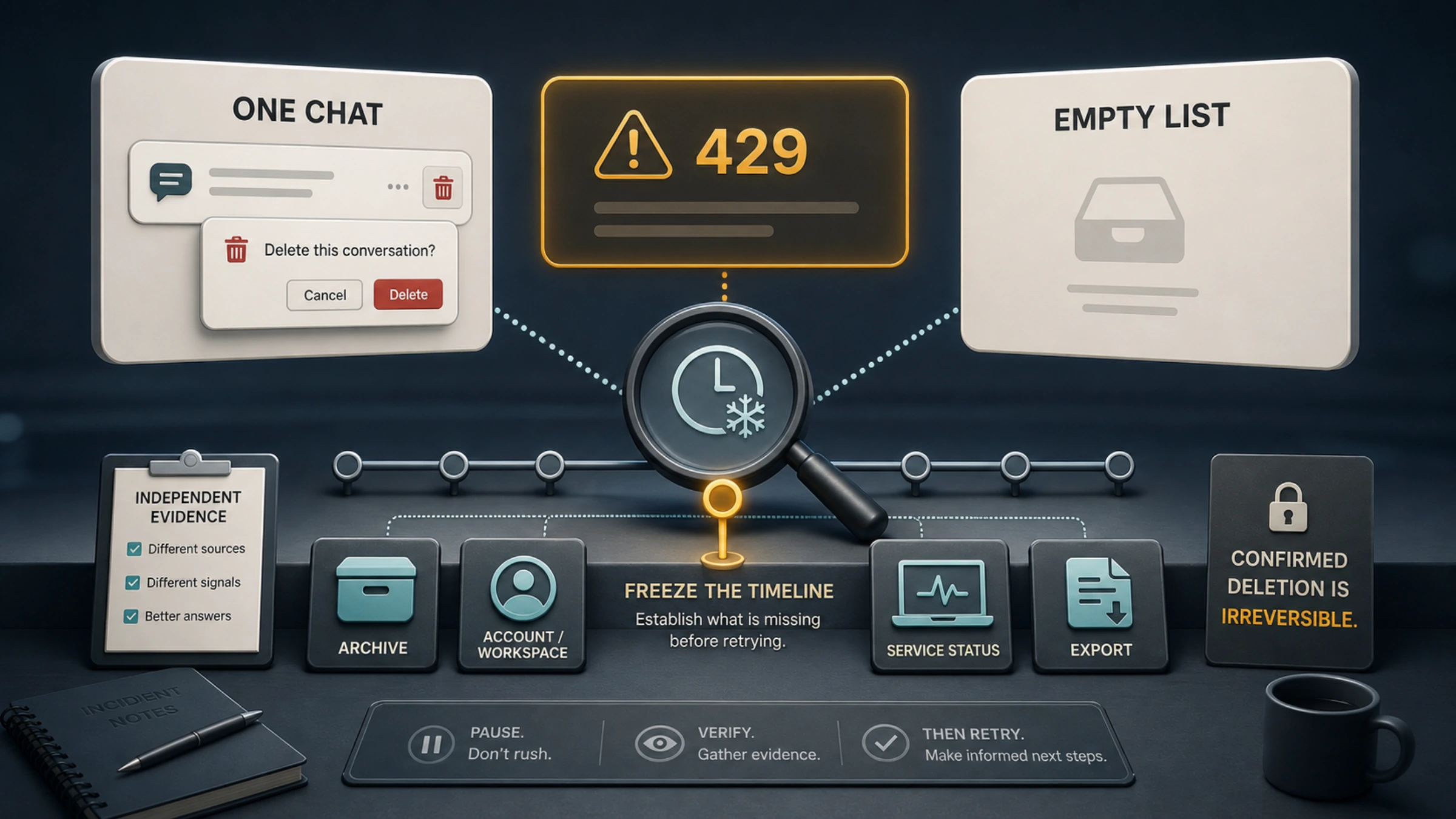 A privacy-safe incident scene separating a deleted chat, a Too Many Requests response, and an empty ChatGPT sidebar into three independent signals.