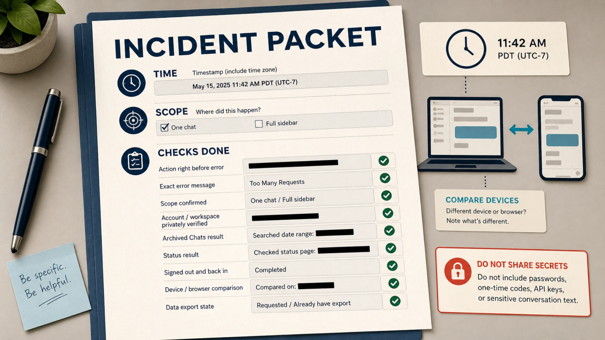 A redacted support packet showing a short timeline, affected scope, device comparison, and completed account checks.