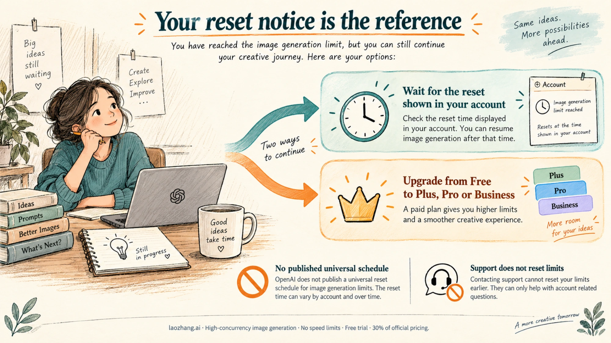 A paused project branches toward waiting for the account reset notice or upgrading from Free to Plus, Pro or Business