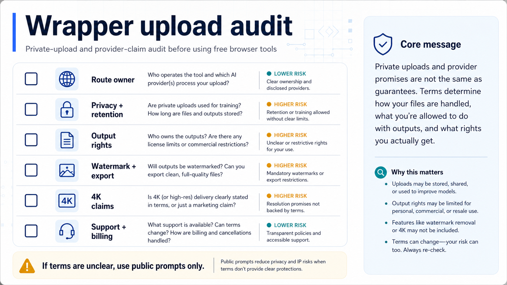 Checklist for route owner, upload privacy, output rights, watermark, export quality, support, and billing before using a third-party image generator