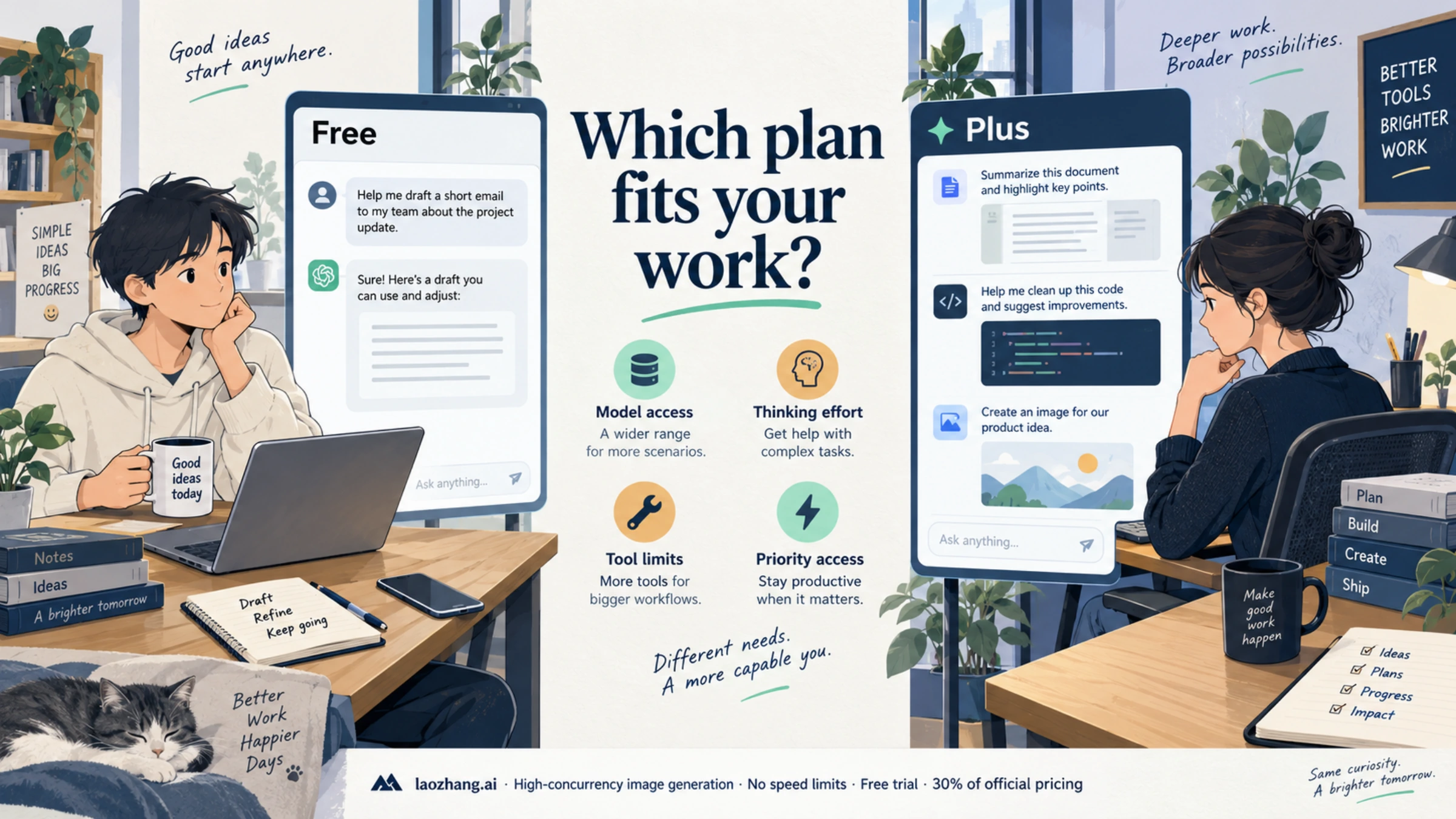 ChatGPT Free and Plus compared by model access, thinking effort, tool limits and priority