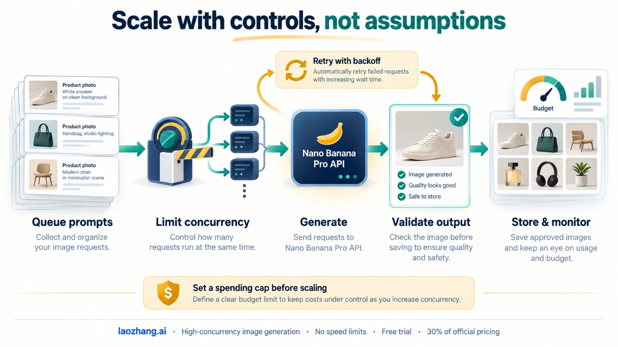 Production image generation workflow with concurrency limits, retries, output checks, and budget monitoring