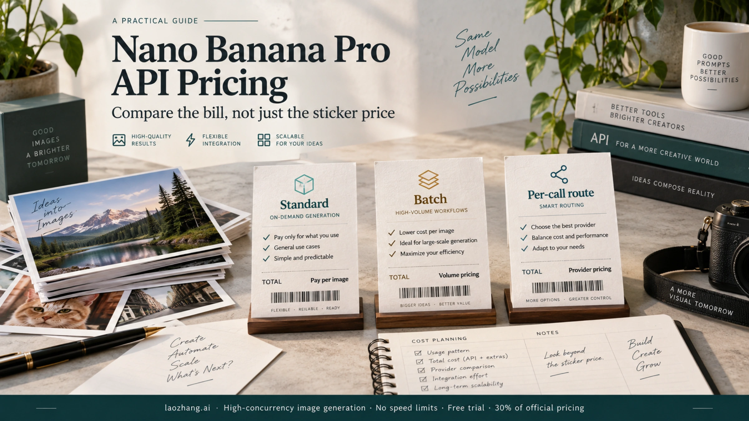 Nano Banana Pro pricing guide with separate Standard, Batch and per-call receipts beside image prints