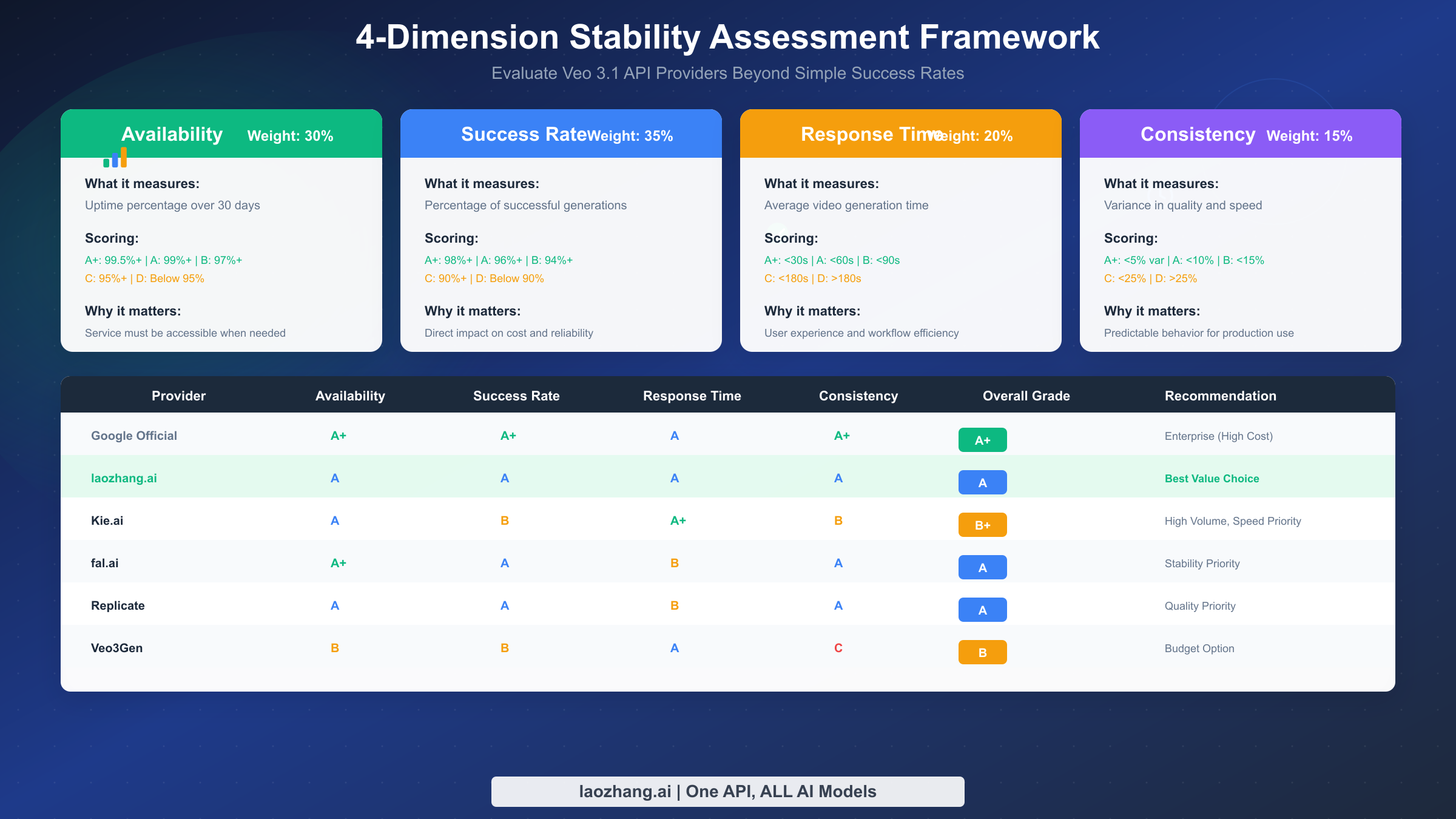 4-dimension stability assessment framework for evaluating Veo 3.1 API providers