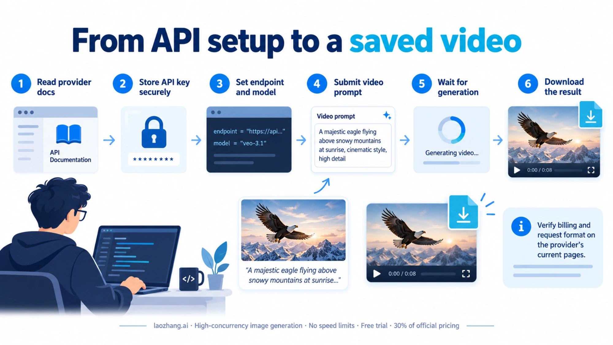 Configure credentials, endpoint and model, submit a video prompt, and save the result