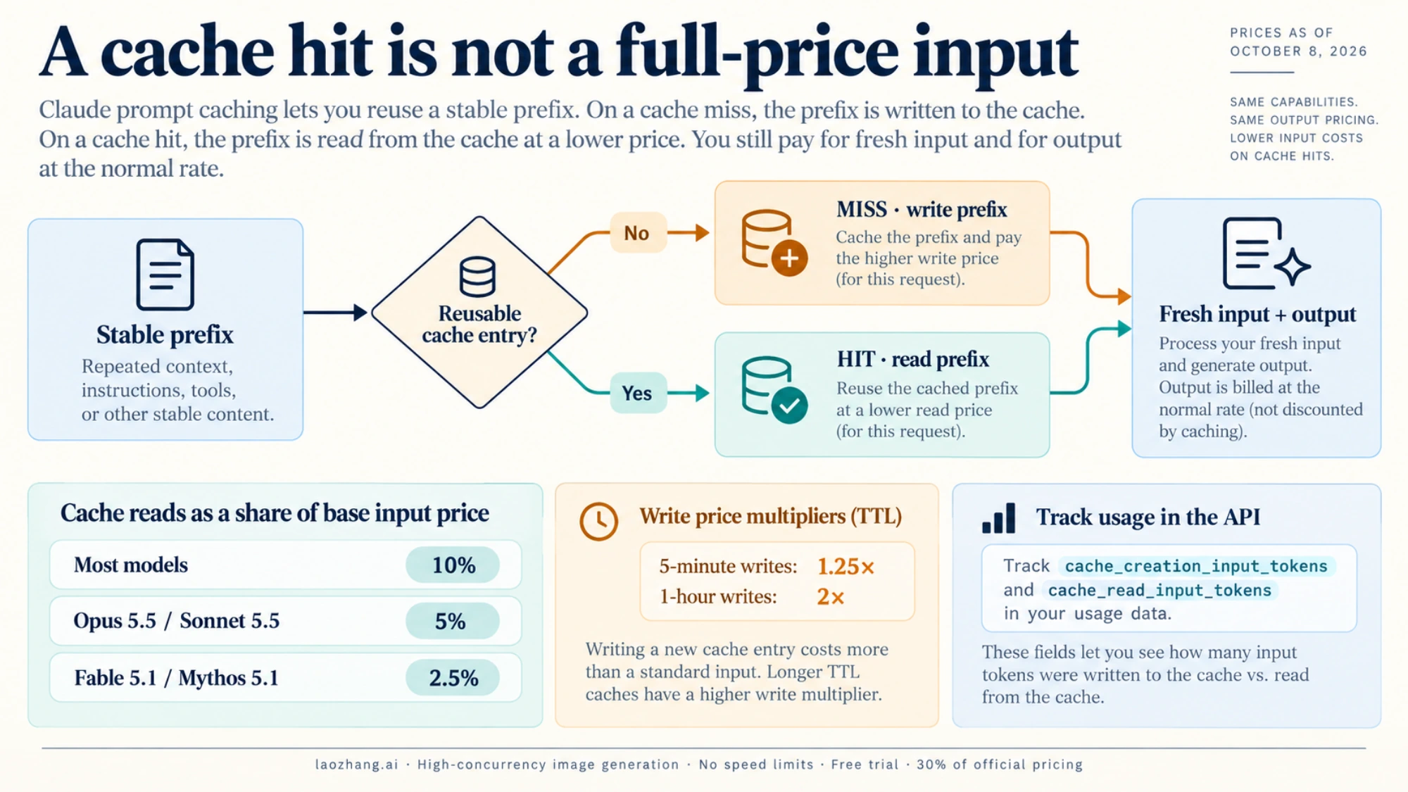 Cache misses write the stable prefix, cache hits read it, and cache-read prices vary by Claude model