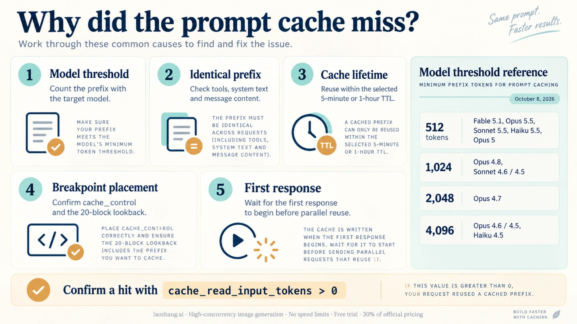 Five prompt cache checks: model threshold, identical prefix, TTL, breakpoint placement and the first response