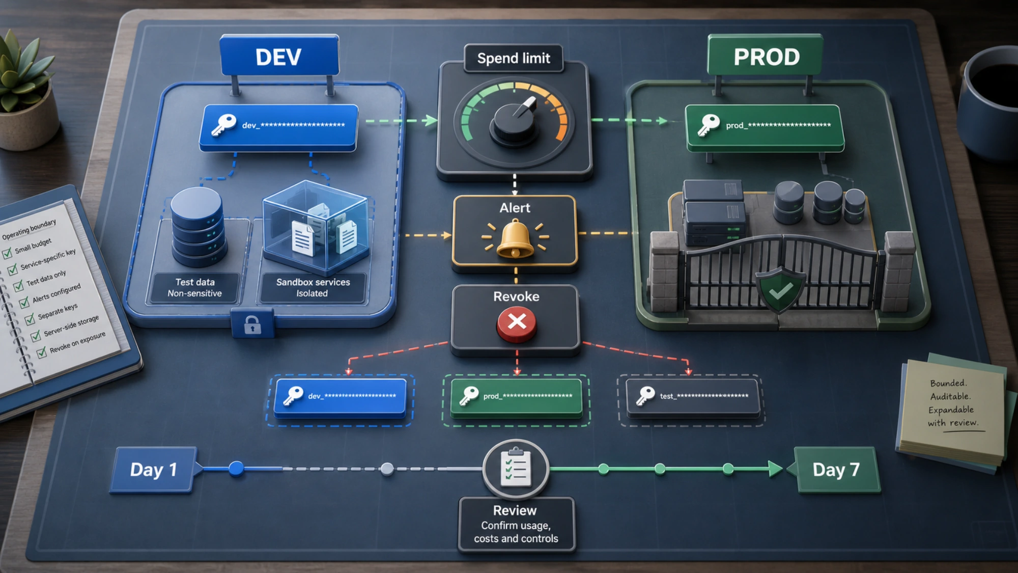 A seven-day API rollout separates development and production keys with a spend limit, alert, and revoke control