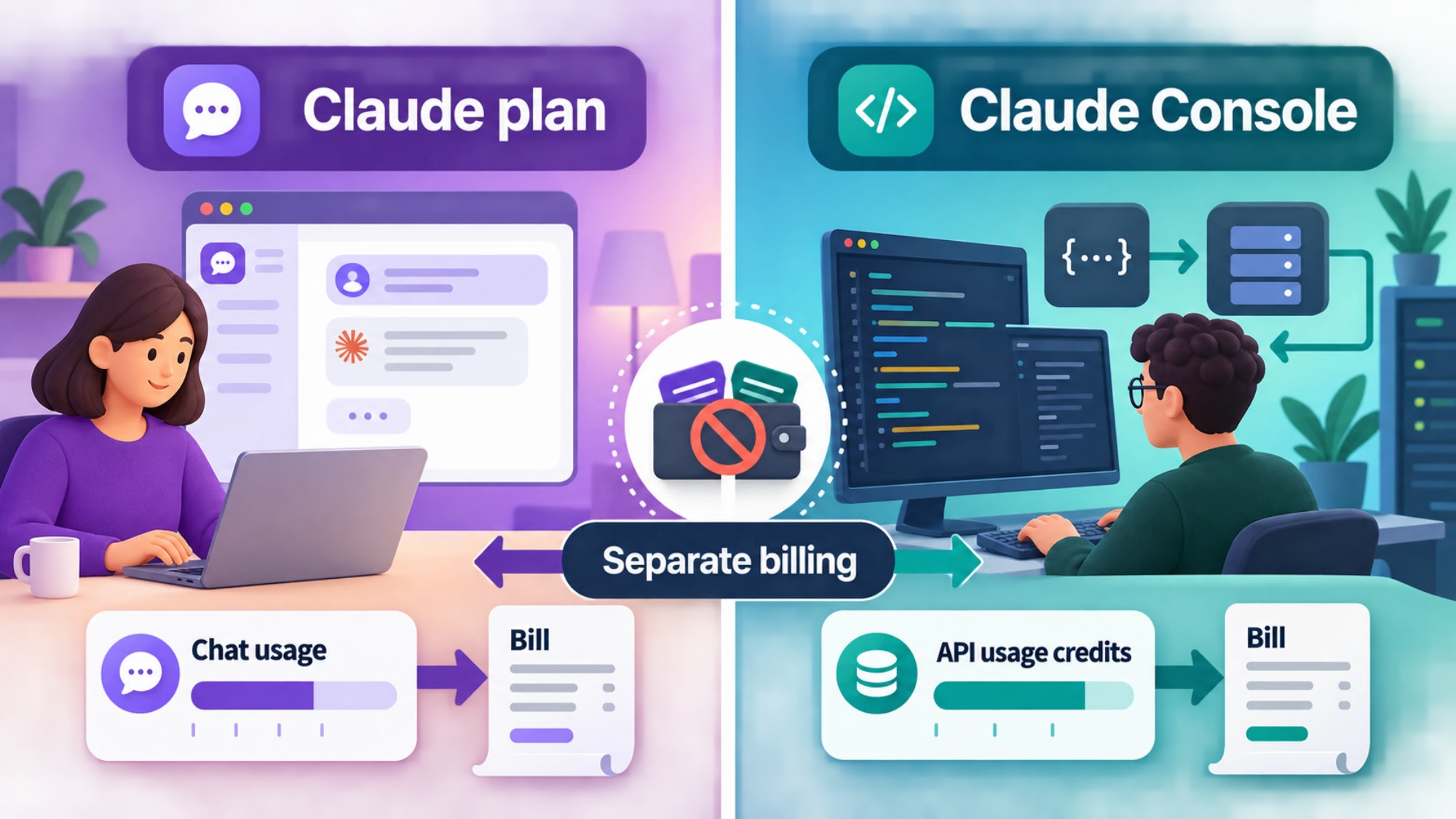 Claude plan chat usage and Claude Console API usage credits shown as separate billing systems