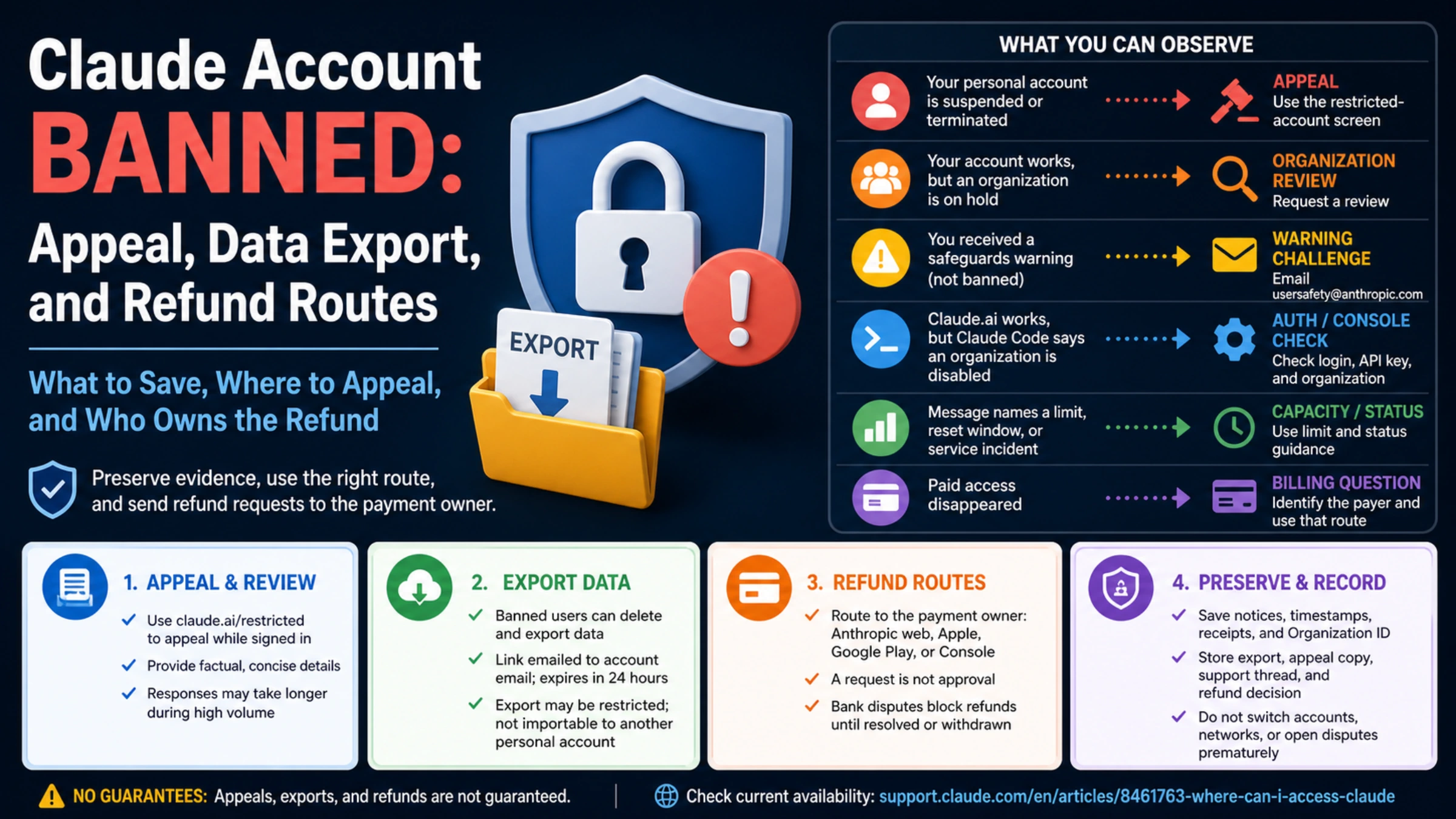 English Claude account restriction guide mapping visible states to appeal, data export, refund, and evidence-preservation routes