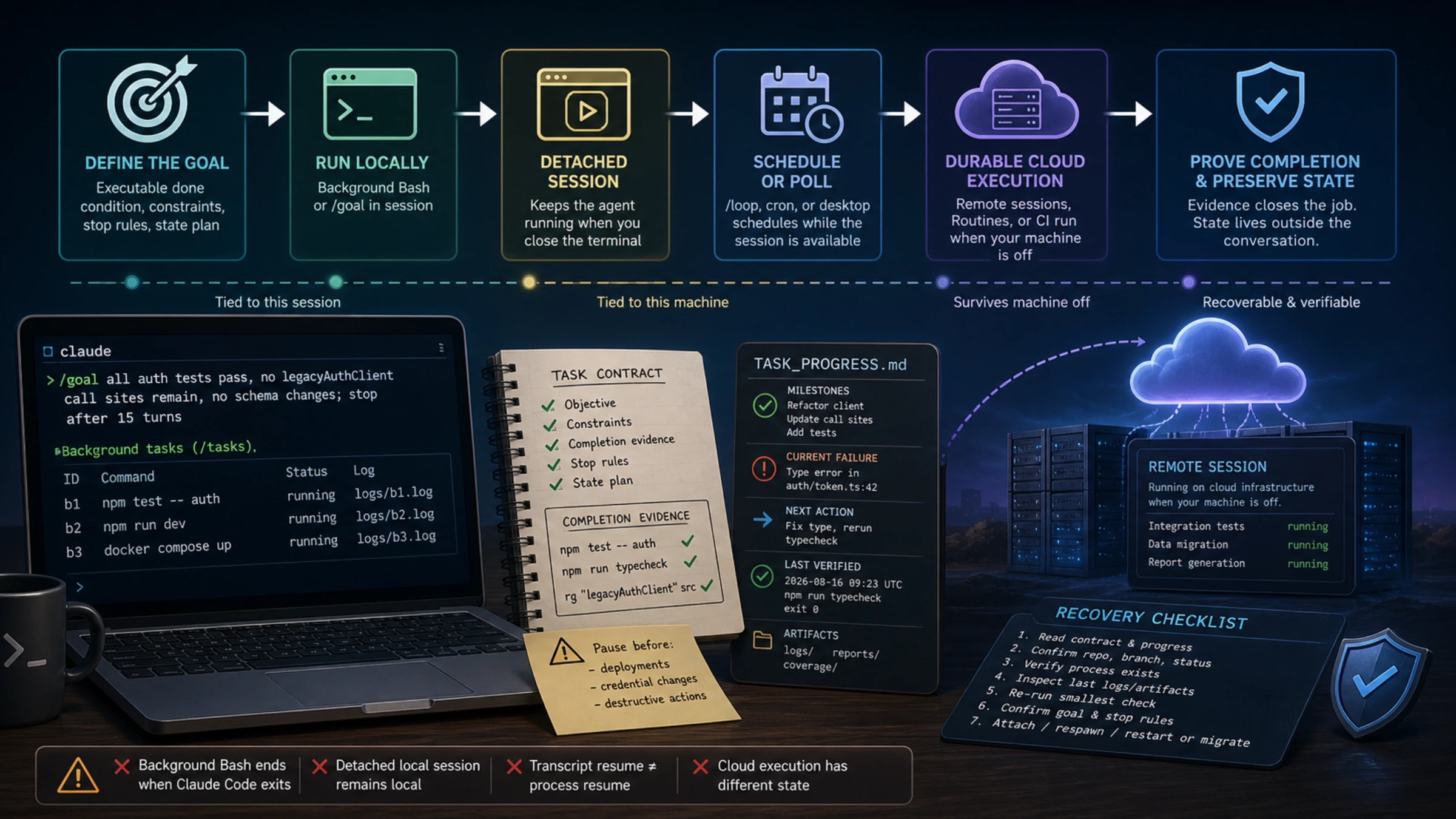 Claude Code long task moving through local execution, detached sessions, verification, and durable cloud work
