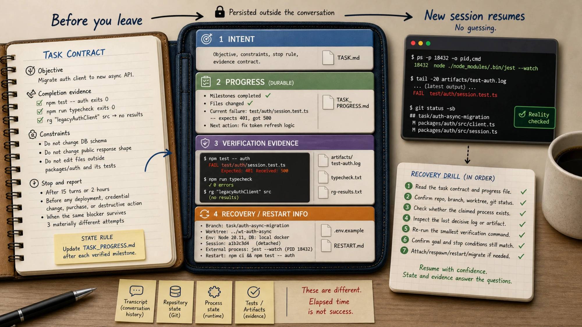 Recoverable long-task state built from intent, durable progress, verification evidence, and restart information