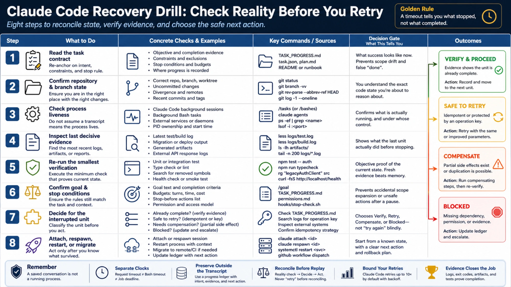 Eight-step Claude Code recovery decision table with concrete checks and outcomes for verify, retry, compensate, or blocked work.