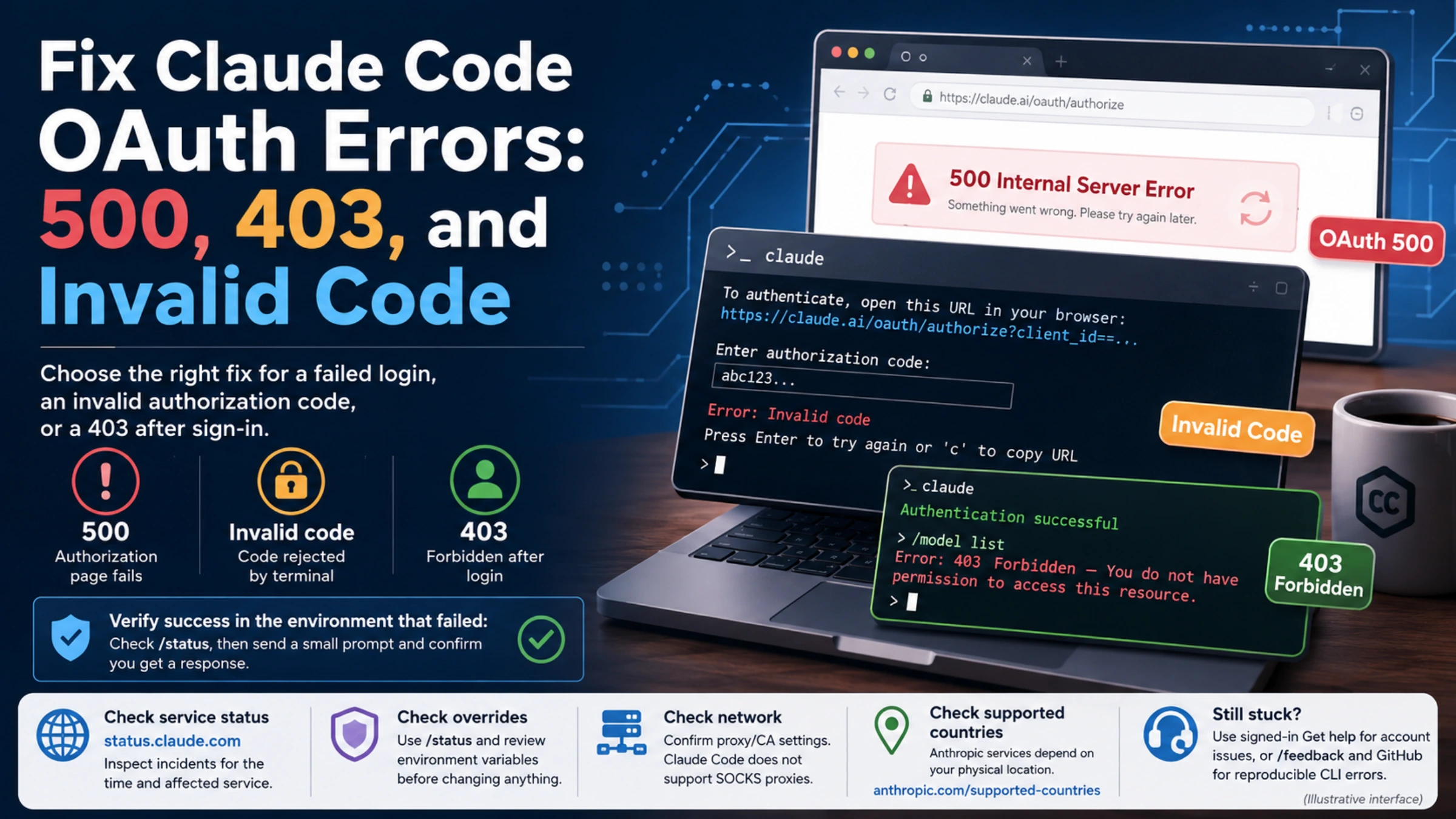 Claude Code login troubleshooting overview showing 500, 403, and invalid-code errors with browser and terminal illustrations.