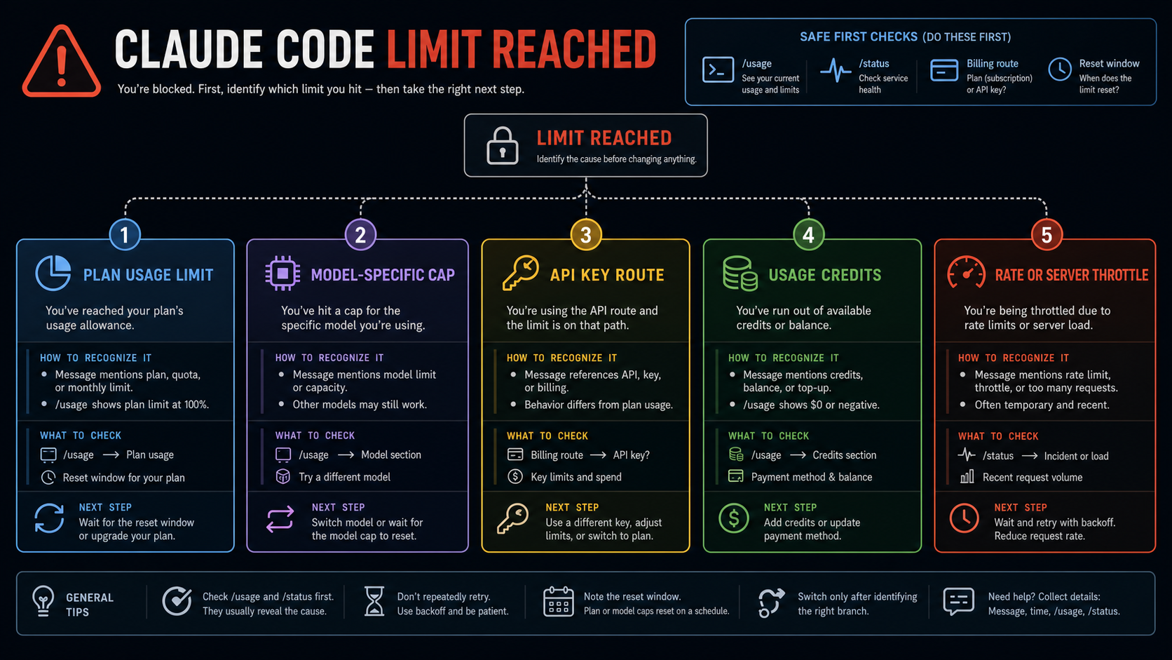 Claude Code limit reached branch map showing plan, model, API, credits, and throttle paths