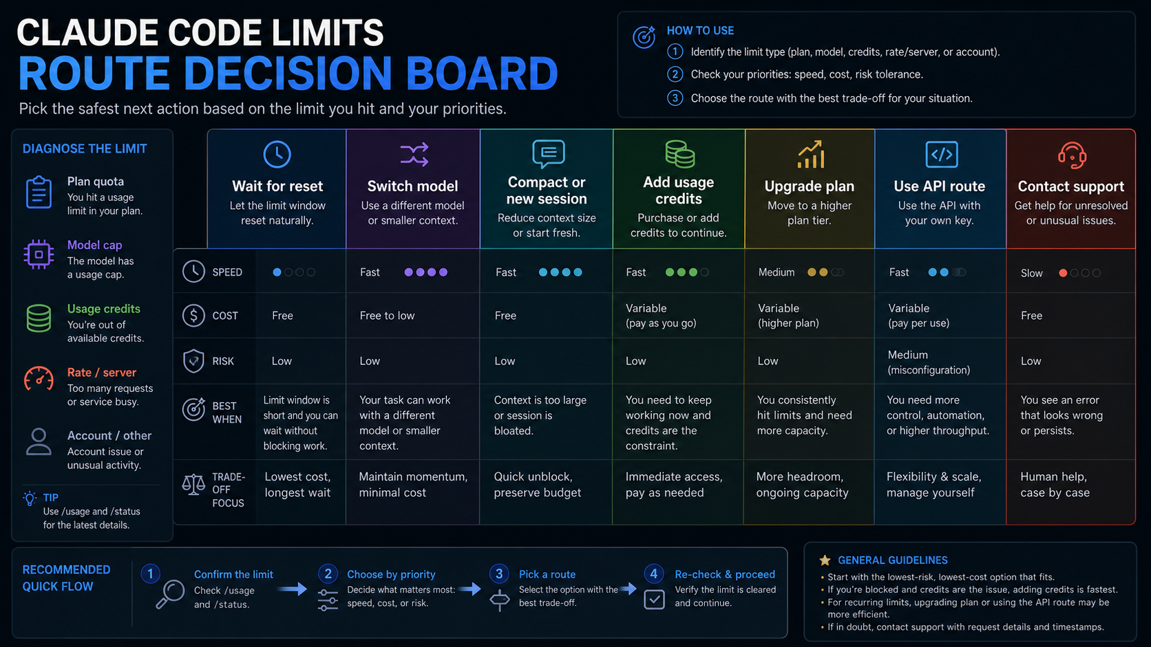 Claude Code recovery route decision board comparing reset, model switch, compacting, credits, upgrade, API route, and support