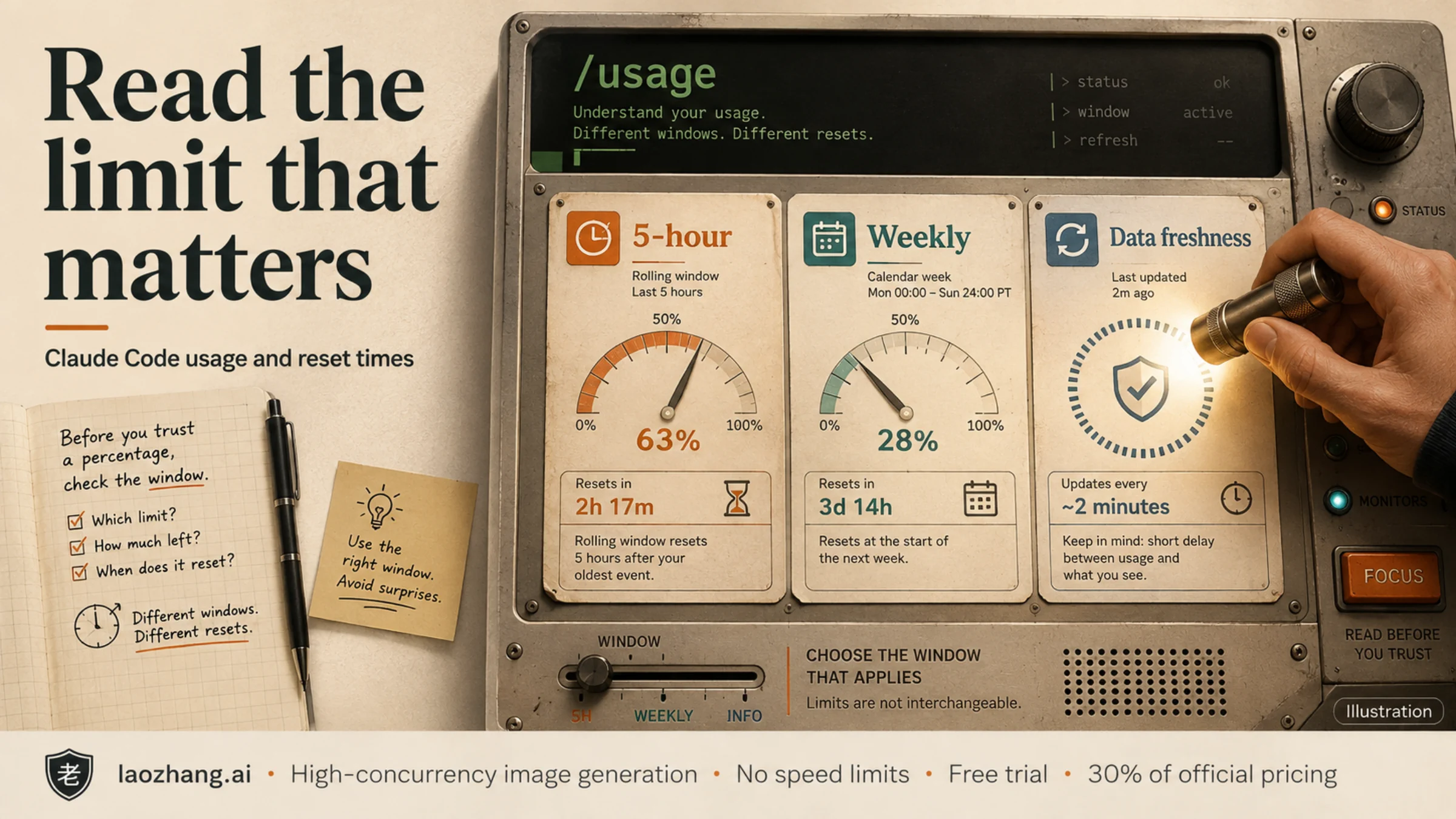 Illustrated Claude Code usage console with separate window and data-freshness meters