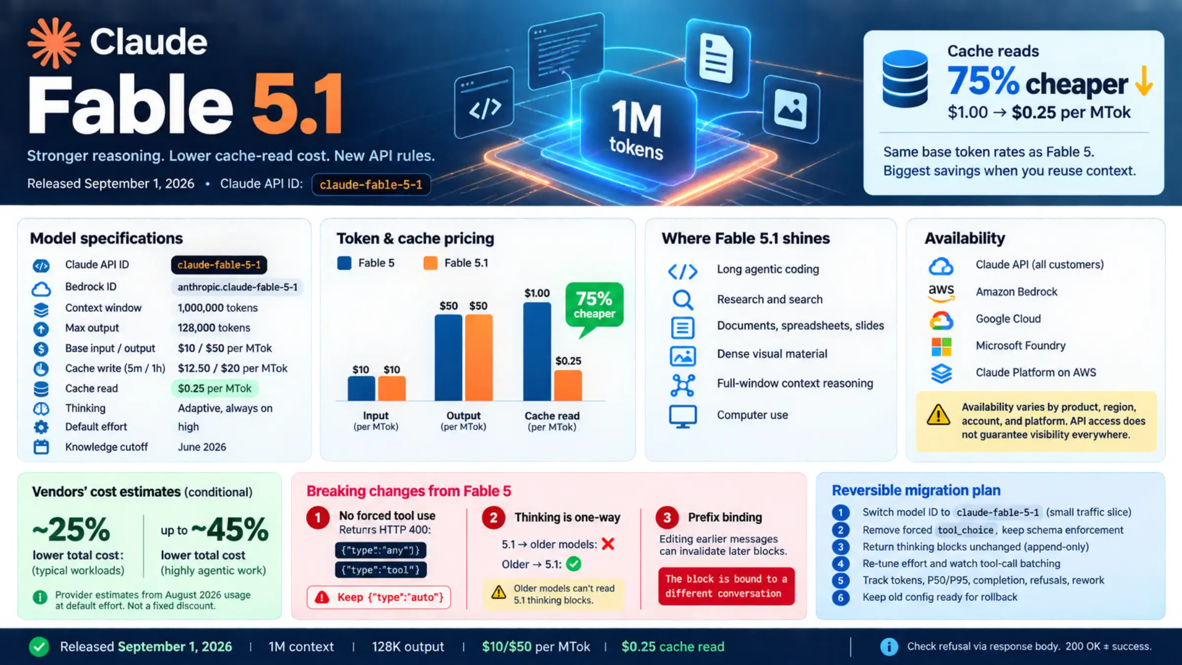 Claude Fable 5.1 release, specifications, cache pricing, capability areas, availability, breaking changes, and reversible migration