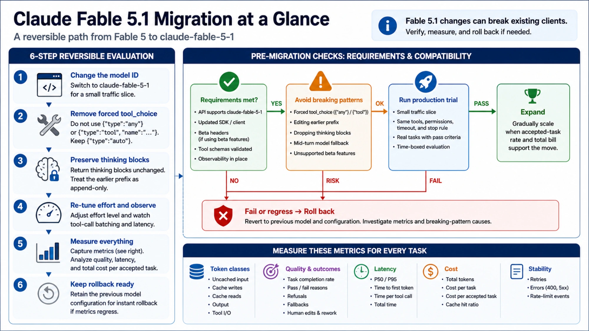 Six-step reversible Fable 5.1 migration, compatibility gates, rollback paths, and task metrics for tokens, quality, latency, cost, and stability
