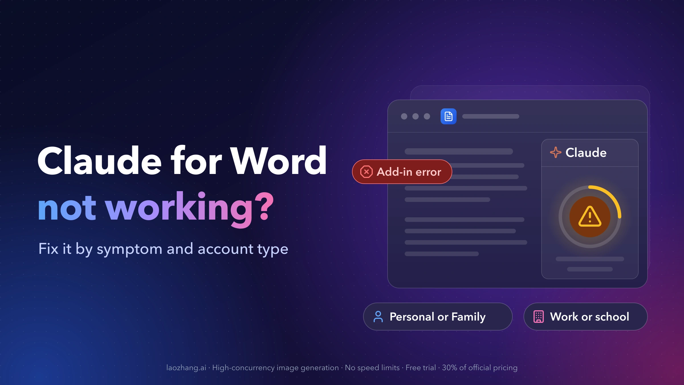 Claude for Word not working: a document window with a stuck Claude pane and an Add-in error tag, above two account types, Personal or Family and Work or school