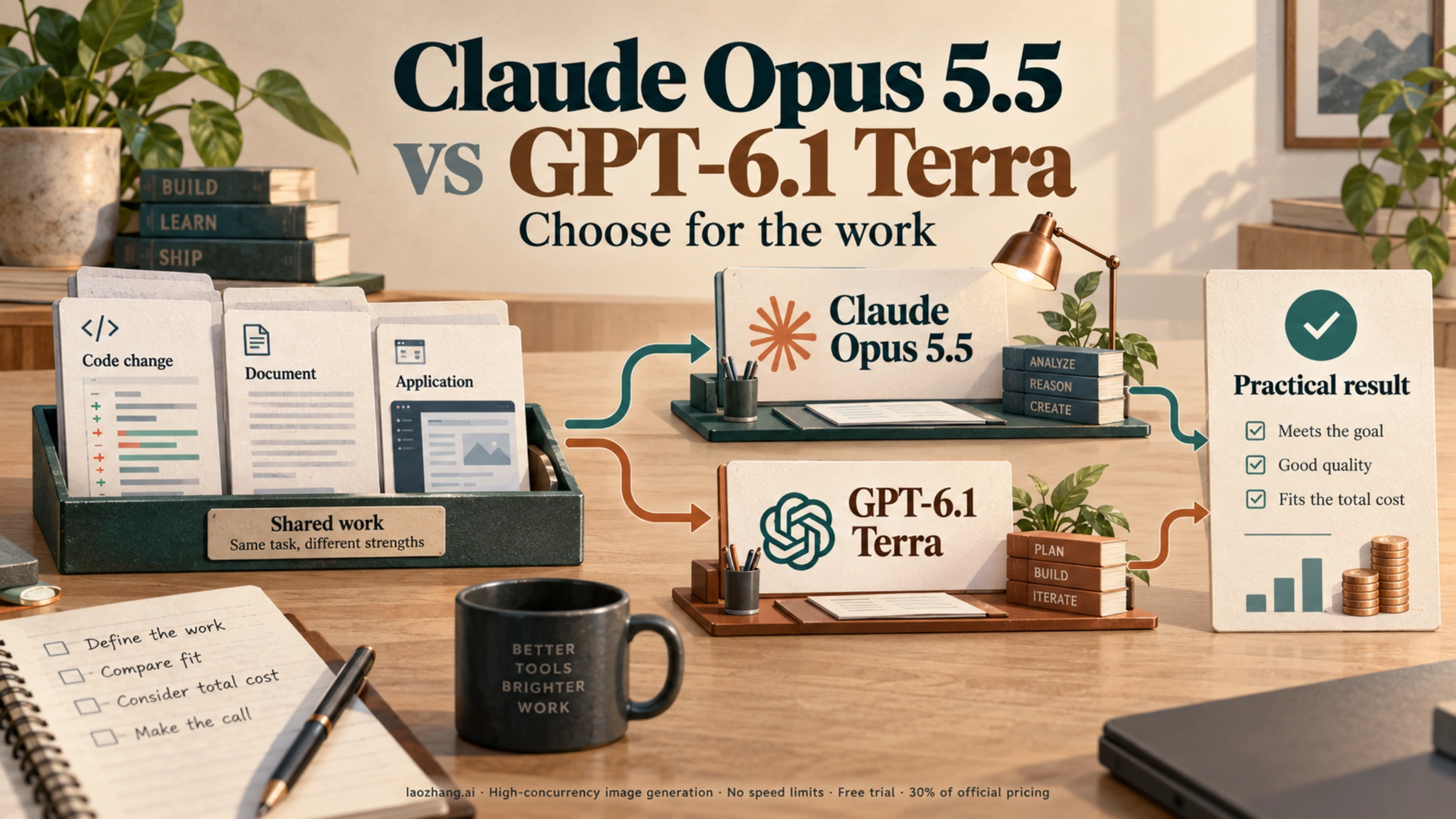 Illustrated workbench comparing Claude Opus 5.5 and GPT-6.1 Terra for shared tasks and a checked result
