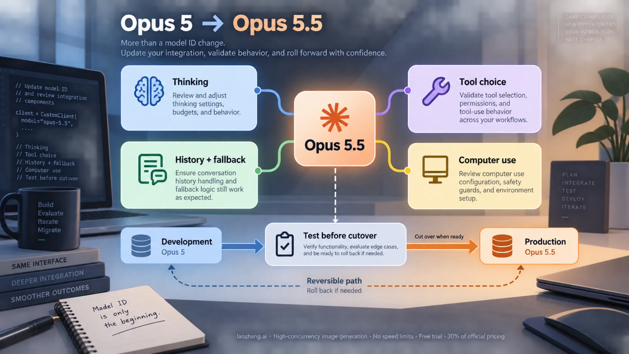 Illustrated Opus 5.5 migration path with thinking, tool choice, history, and computer use checks