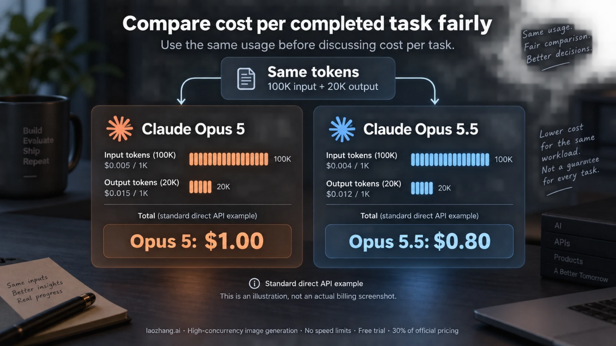 Two illustrated Claude Opus token meters compare the same input and output workload