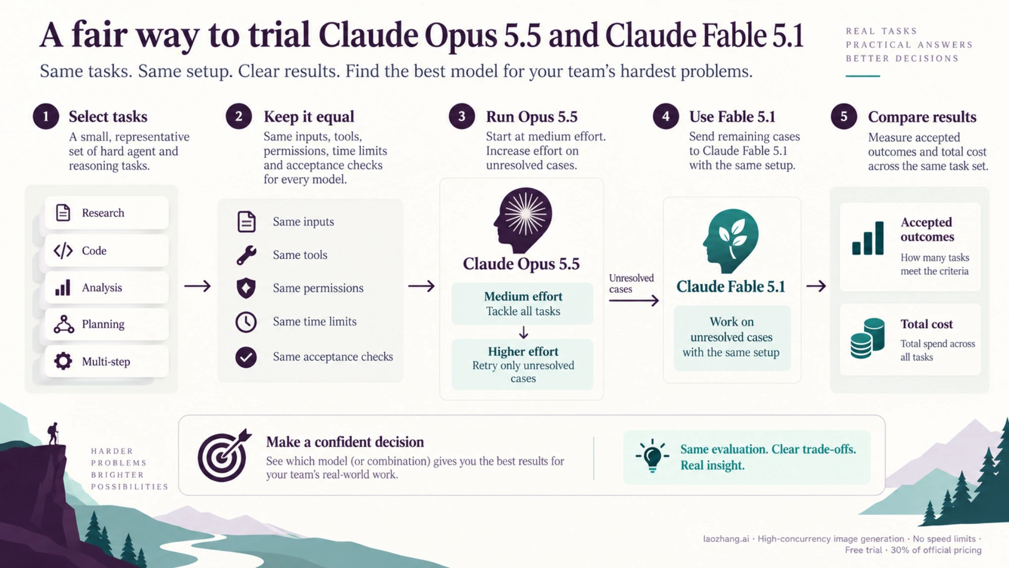 Five-step matched trial of Claude Opus 5.5 and Fable 5.1: pick representative hard tasks, keep inputs, tools, permissions, time limits and acceptance checks equal, run Opus 5.5 at medium effort and retry unresolved cases at higher effort, send the remaining cases to Fable 5.1 with the same setup, then compare accepted outcomes and total cost
