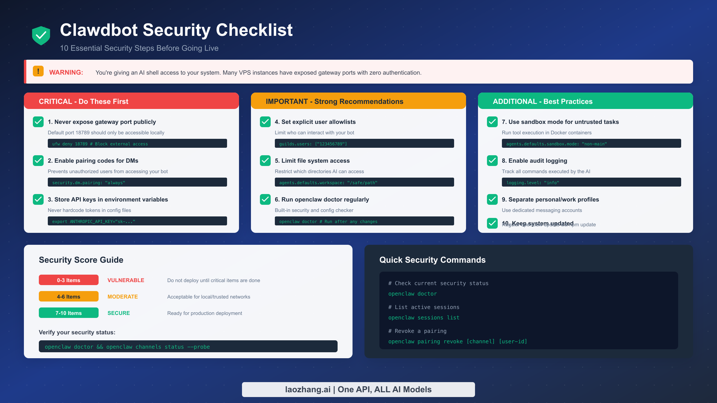 Clawdbot security checklist with 10 essential security steps organized by priority level