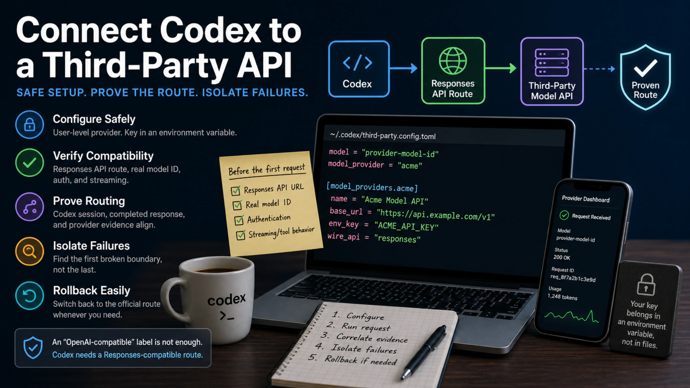 Codex connected through a verified Responses API route to a third-party model provider