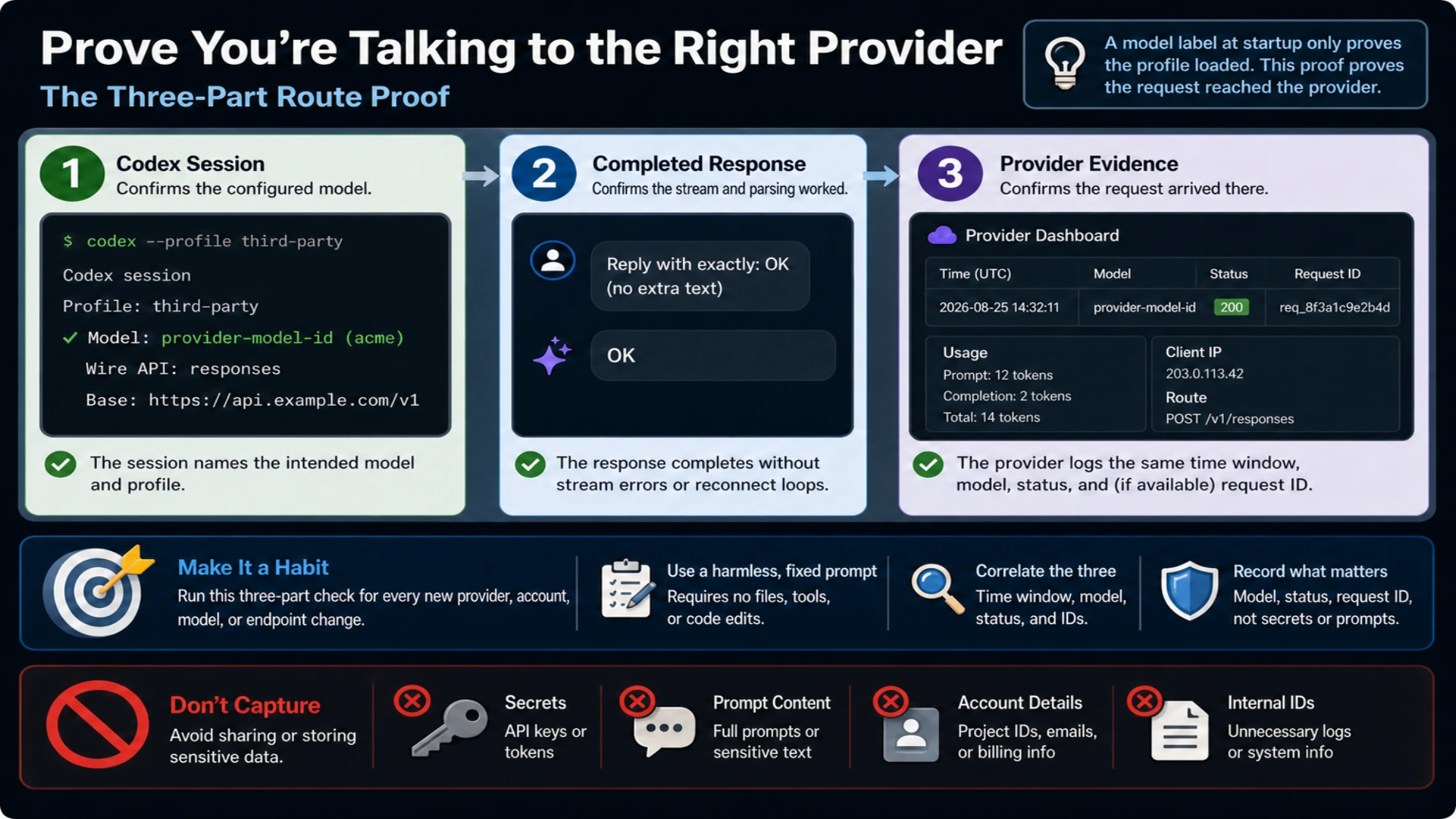 Three-part route proof using the Codex session, a completed response, and matching provider evidence without recording sensitive data