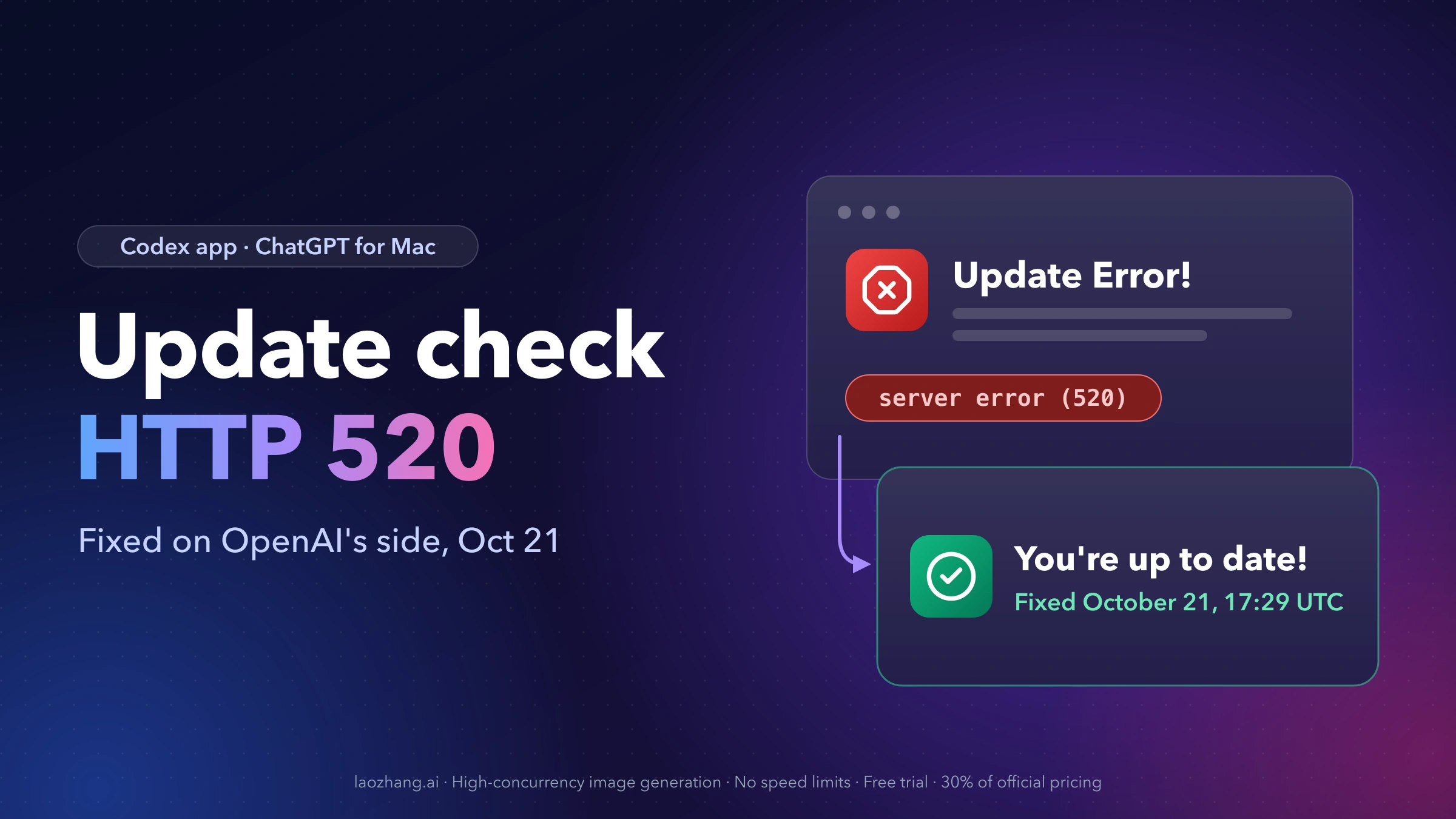 Codex app update check: an Update Error! dialog with server error (520) leading to a You're up to date! card marked fixed October 21, 17:29 UTC
