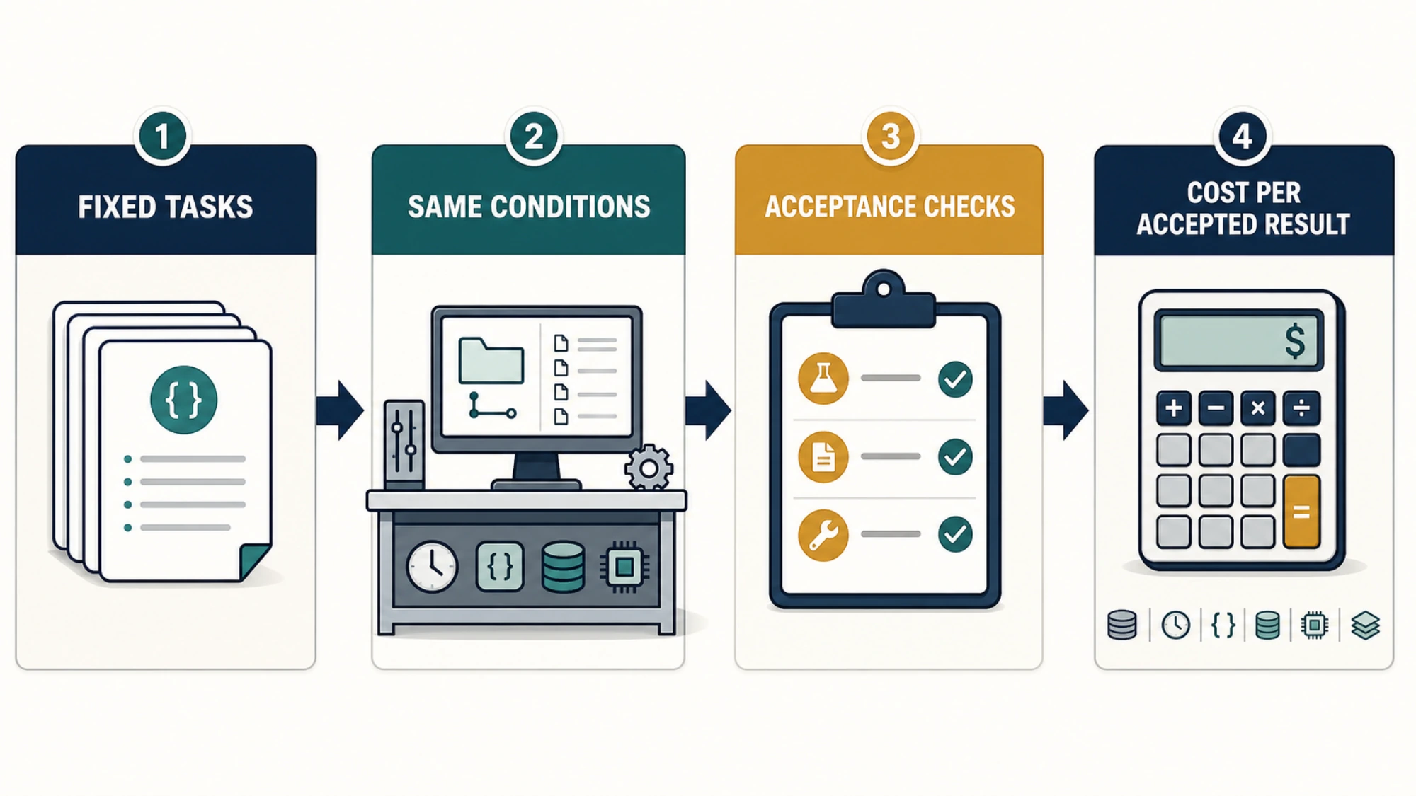 Controlled evaluation loop from fixed tasks to cost per accepted result