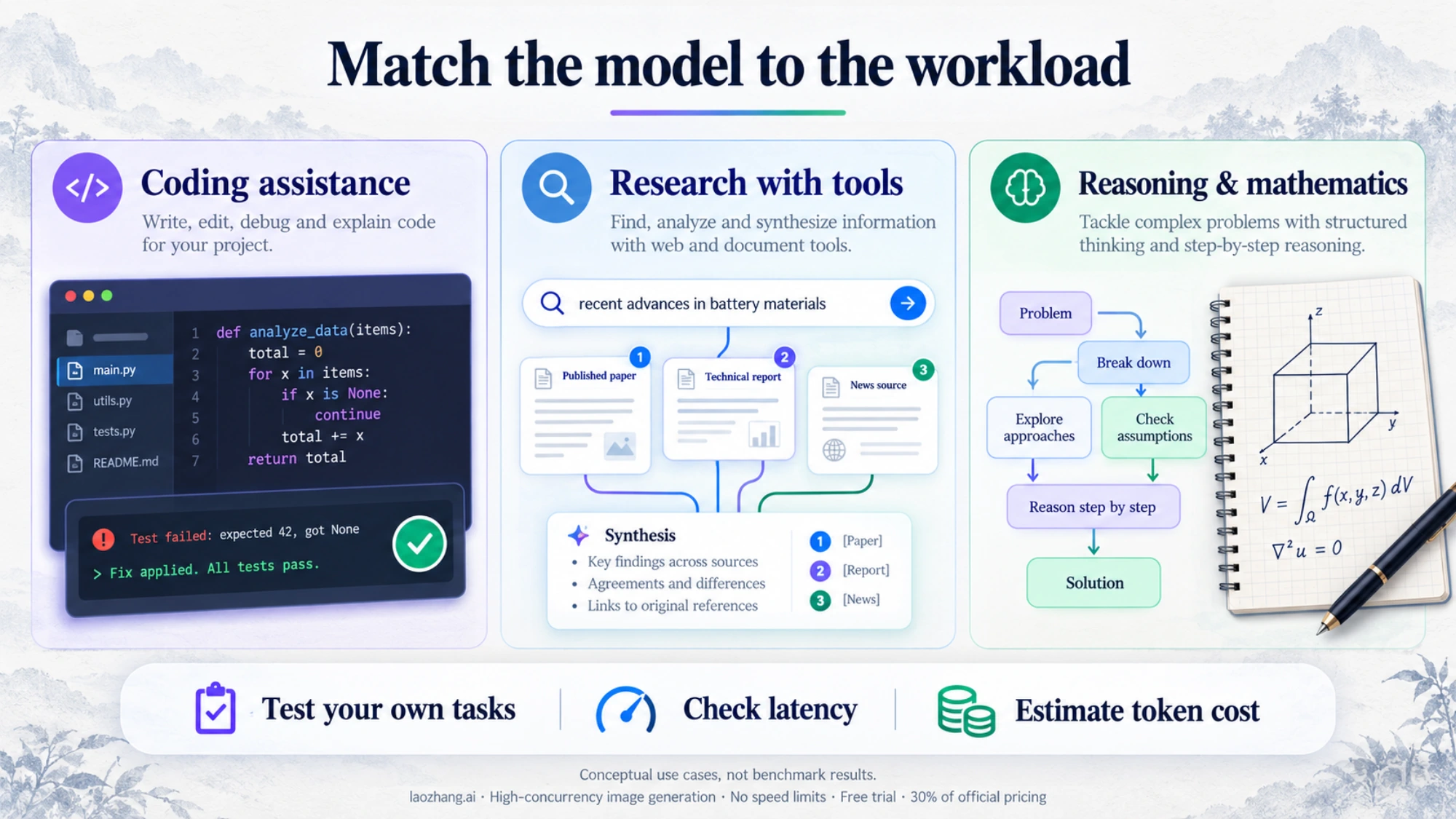 Conceptual model-selection guide for coding, tool-assisted research, and reasoning workloads