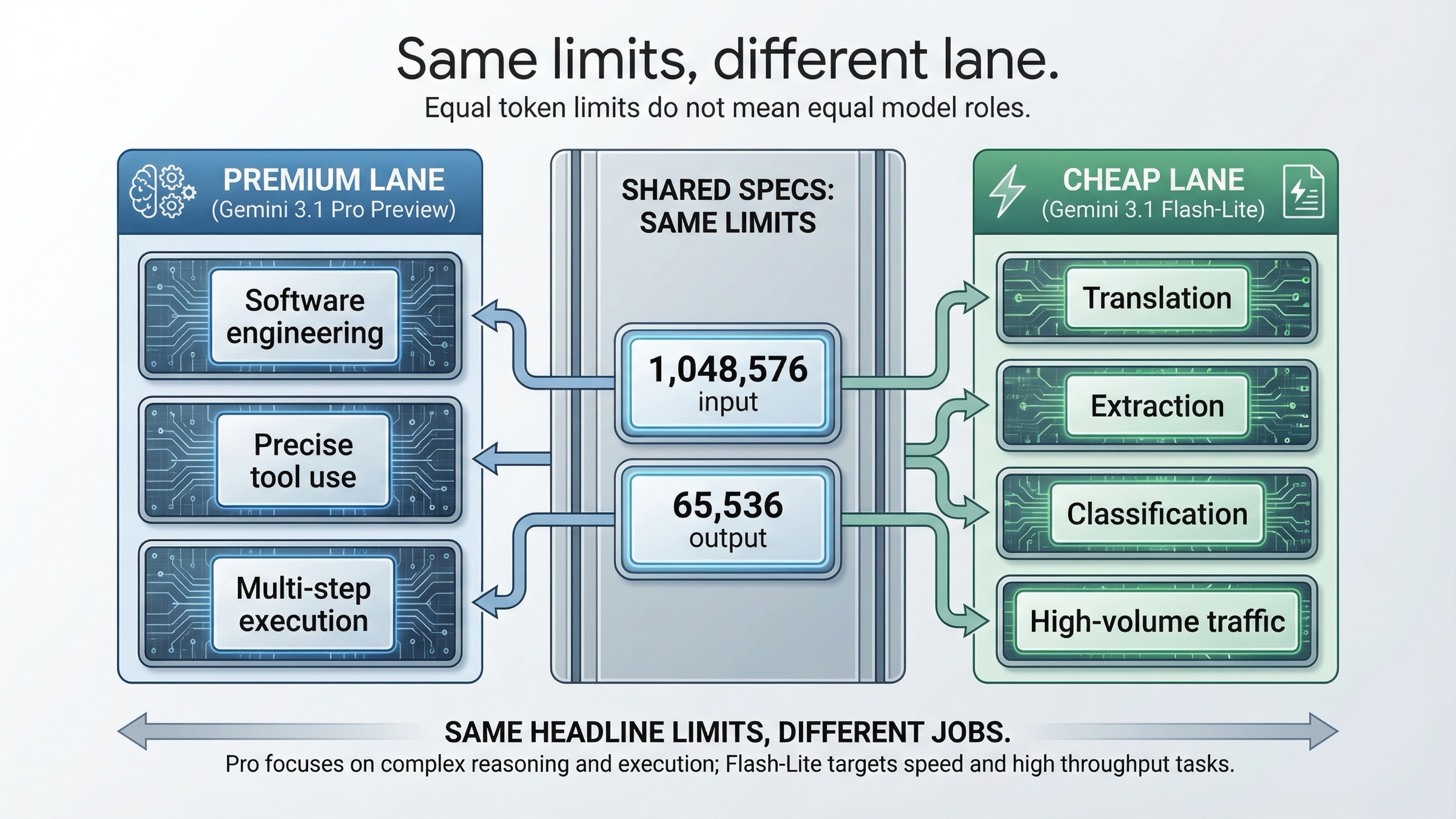 Board showing that Gemini 3.1 Pro Preview and Gemini 3.1 Flash-Lite share the same headline token limits but serve different workload lanes.