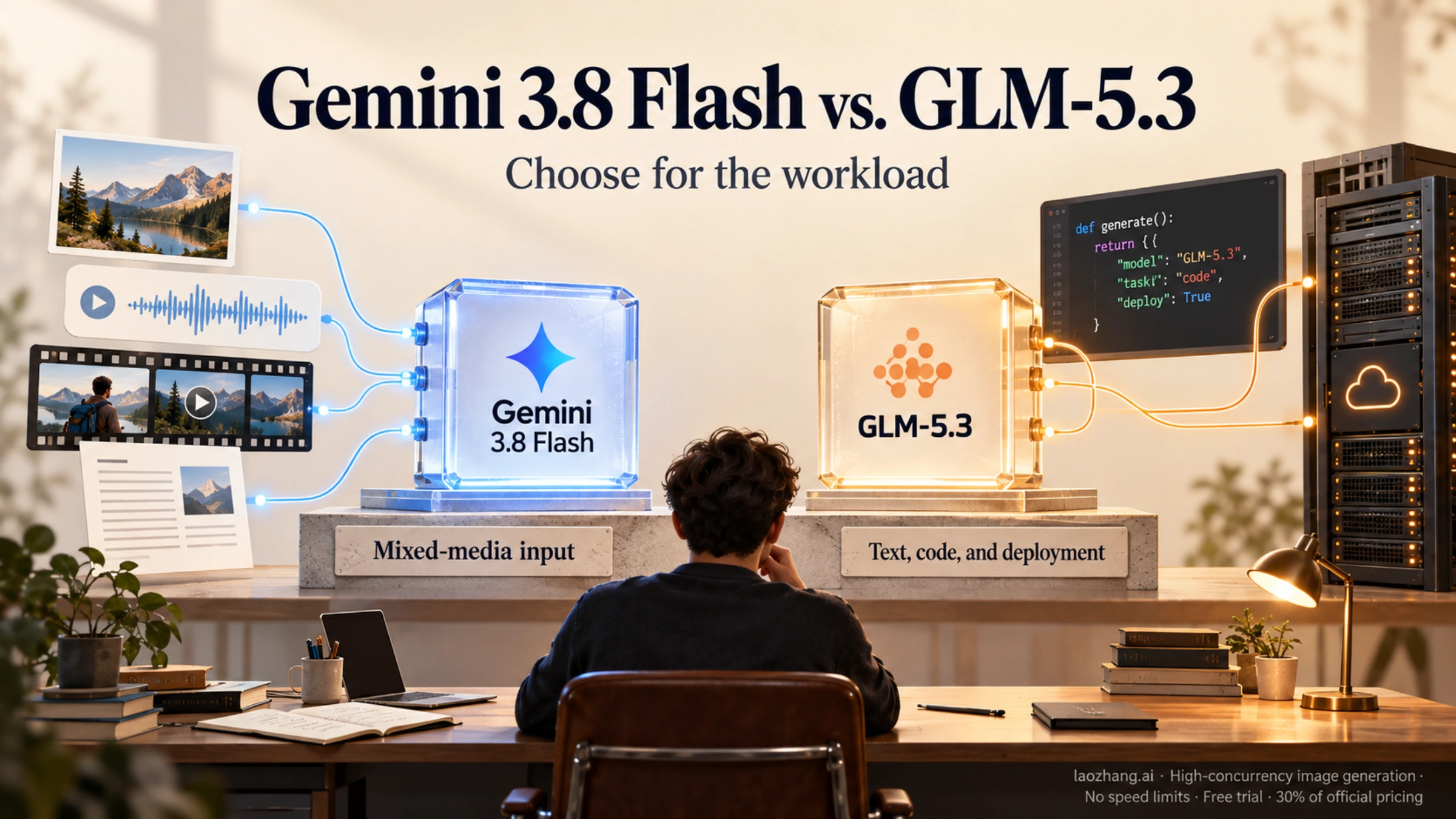 A developer compares Gemini’s media inputs with GLM’s code and server deployment options.